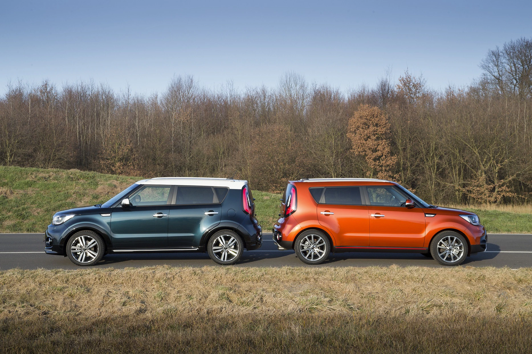 Zwei nebeneinander stehende Autos auf einer Straße, eines blau, das andere orange, vor einer Winterlandschaft mit kahlen Bäumen.