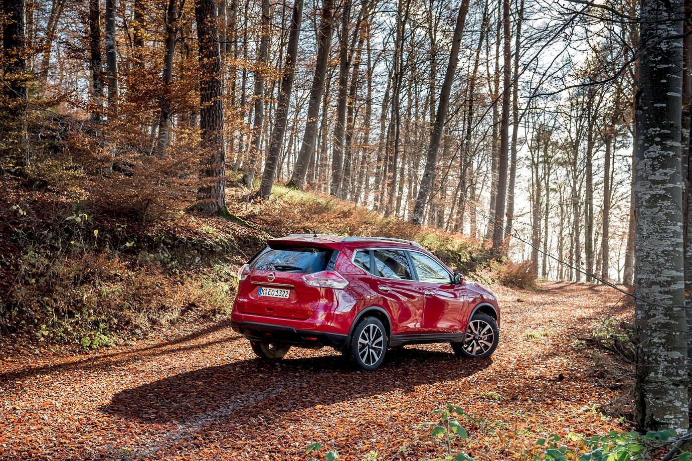 Roter SUV fährt auf einem mit Laub bedeckten Waldweg, umgeben von hohen Bäumen im herbstlichen Wald.