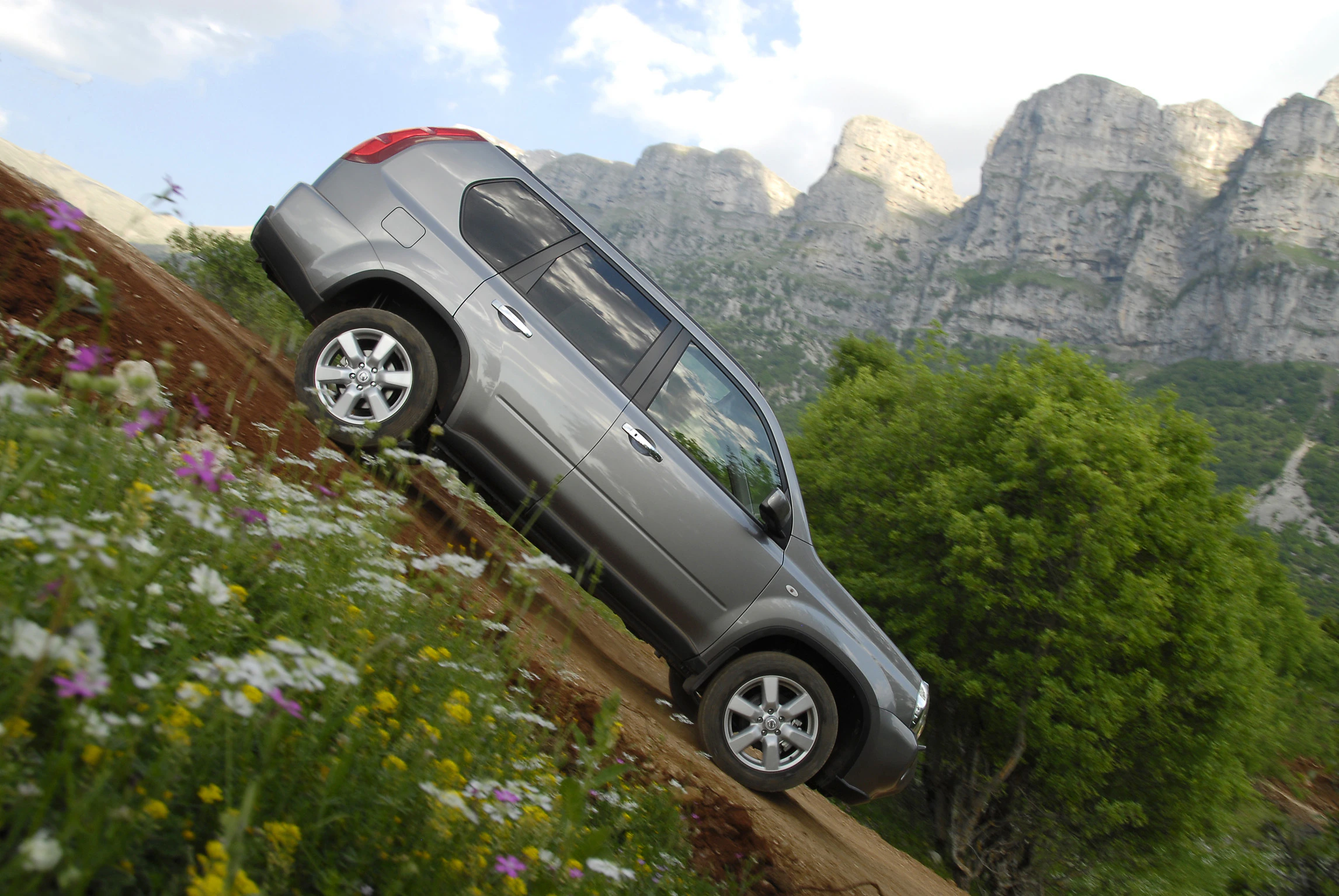 Silbernes SUV fährt einen steilen Hang hinauf, umgeben von Blumen, Bäumen und bergiger Landschaft im Hintergrund.