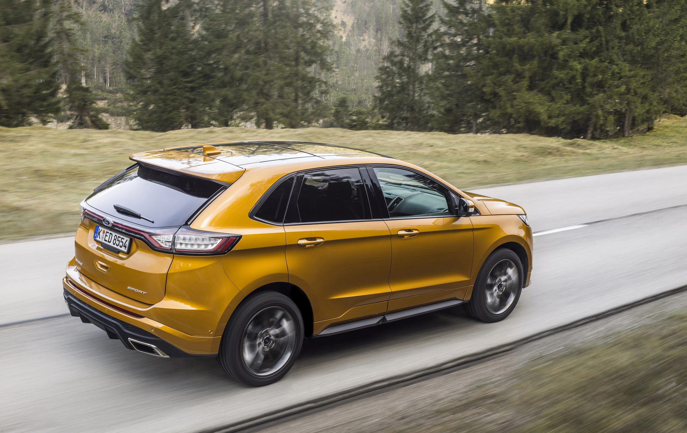 Goldener SUV fährt auf einer Landstraße durch waldreiche Gegend, umgeben von Bäumen. Rückansicht des Autos bei Tageslicht.