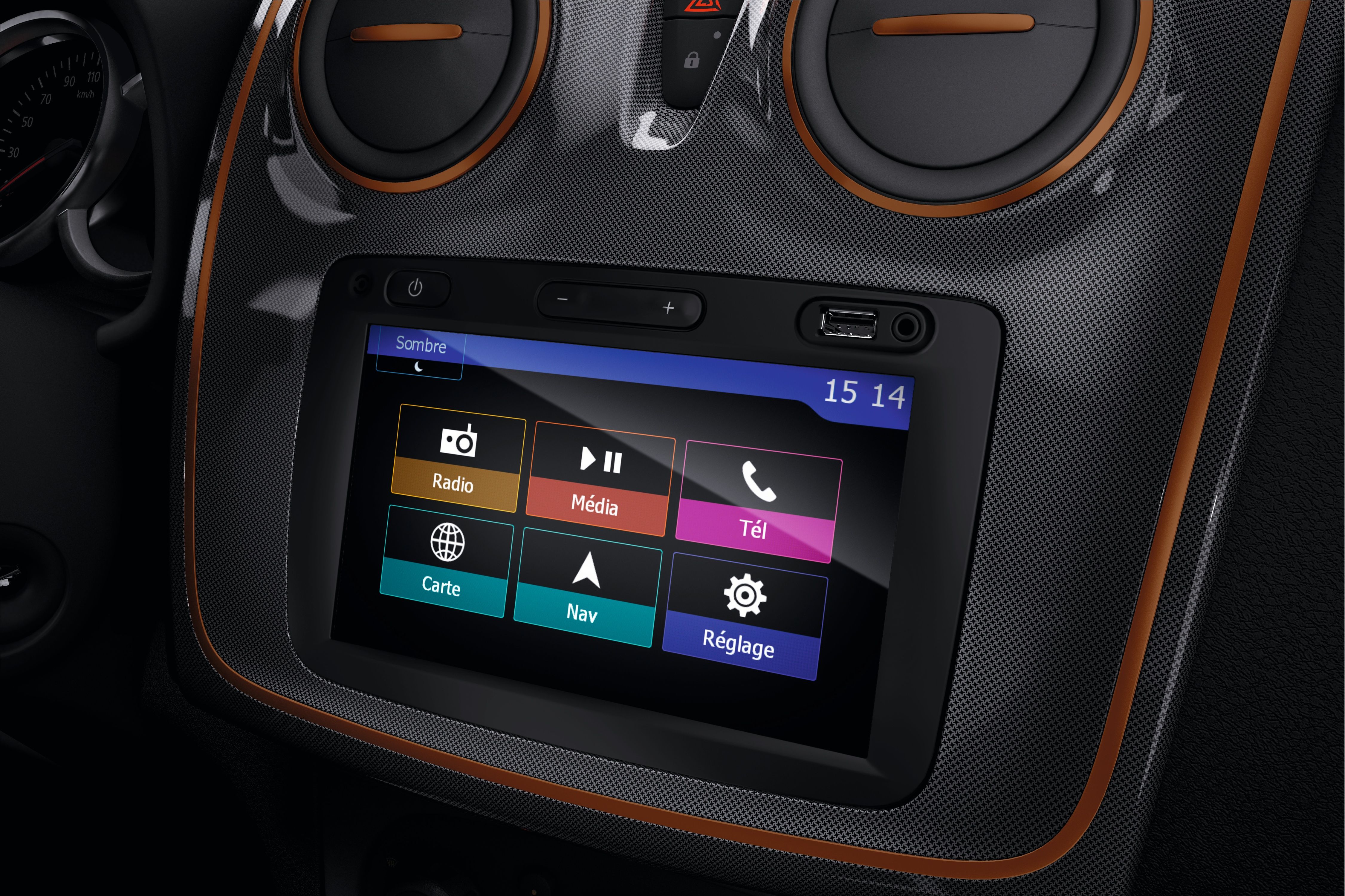 Touchscreen-Autodisplay mit verschiedenen App-Symbolen wie Radio, Medien, Telefon, Karte, Navigation und Einstellungen.