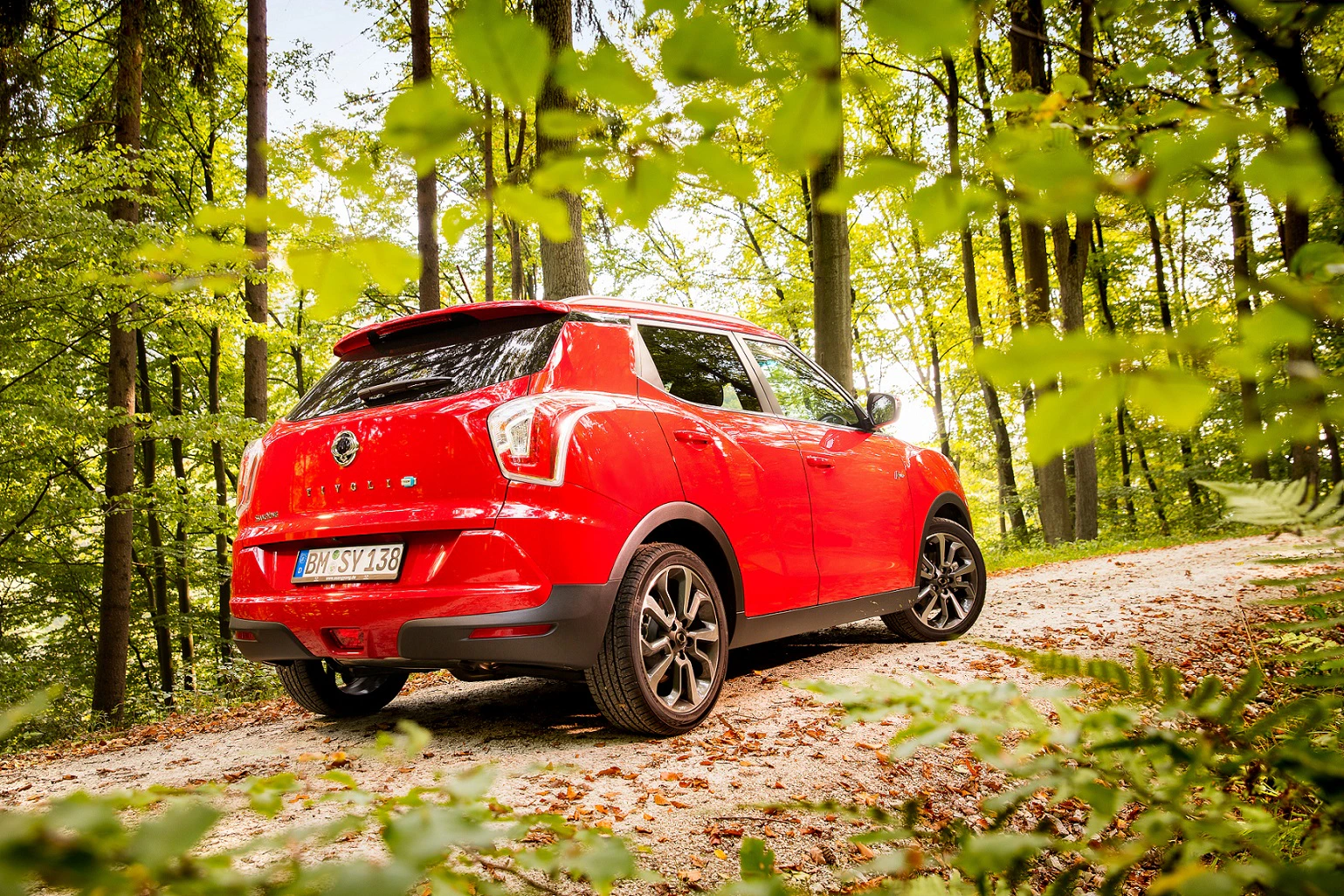 Roter SUV fährt auf einem Waldweg, umgeben von grünen Bäumen und Sonnenlicht, malerische Naturansicht im Hintergrund.
