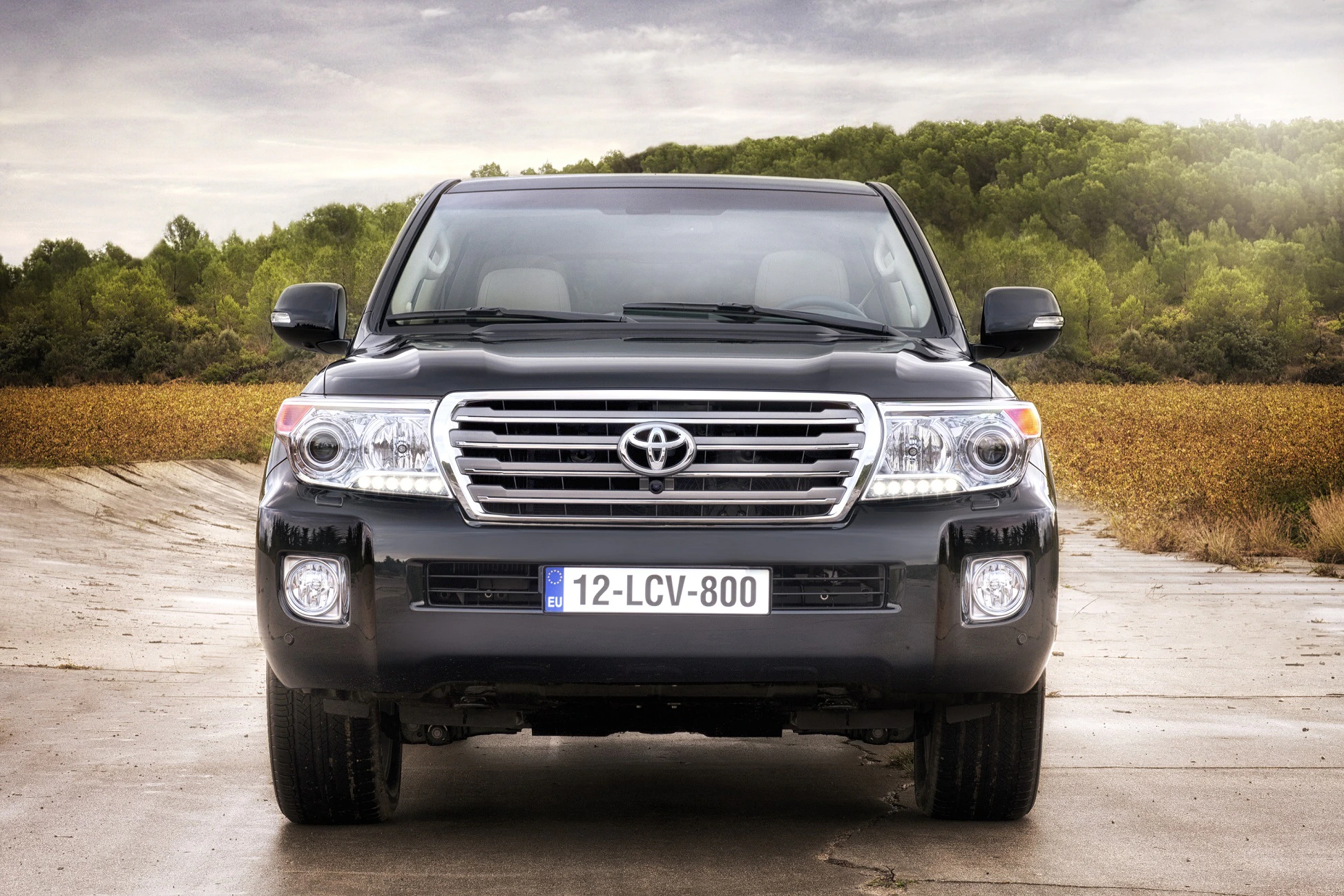 Schwarzer Toyota SUV, frontalansicht, auf einem Landweg vor einem Hintergrund aus Bäumen und bewölktem Himmel.