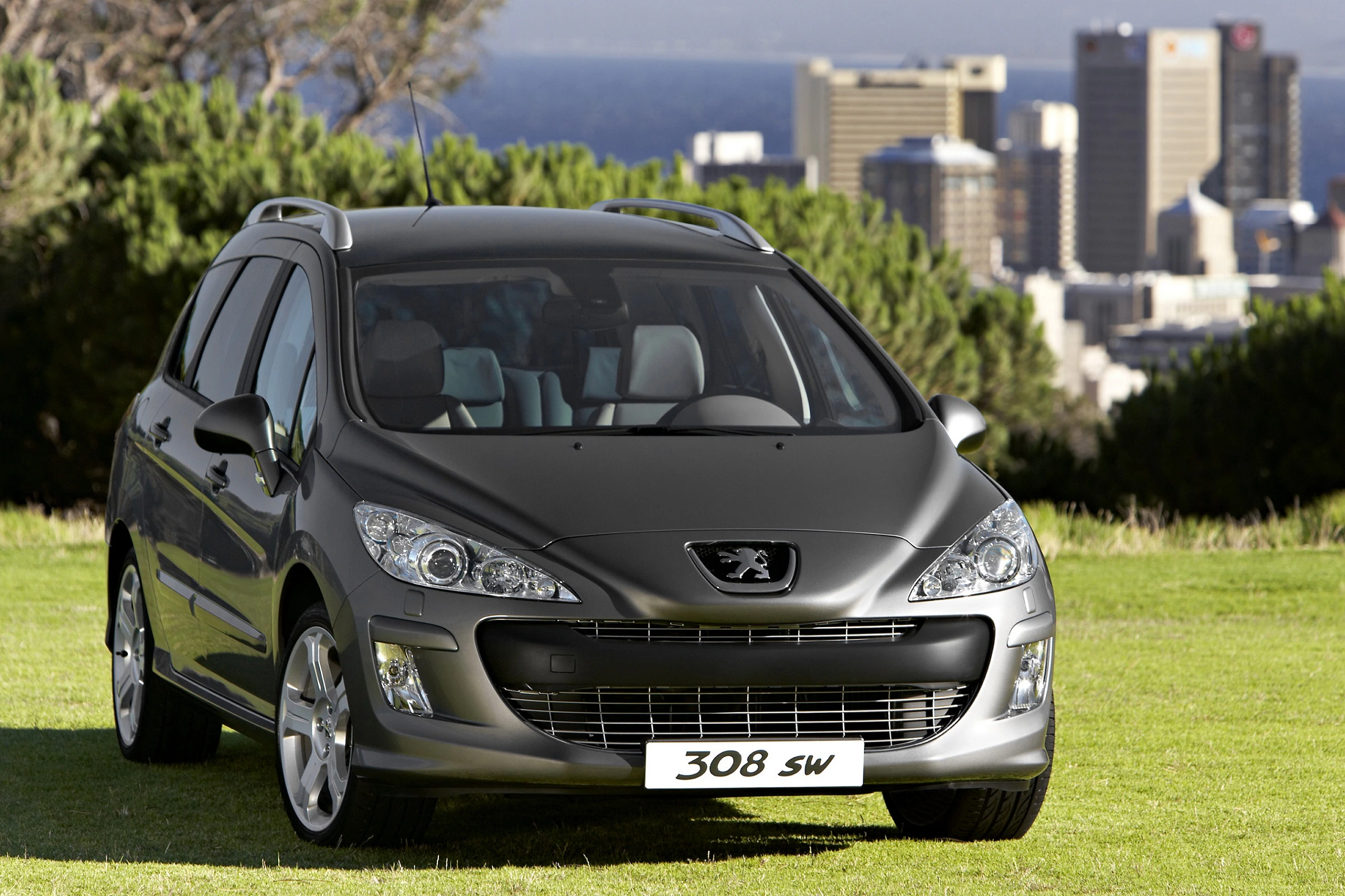 Silberner Peugeot 308 SW steht auf einer Wiese, mit Stadt und Meer im Hintergrund. Klarer Himmel und grüne Bäume umgeben das Auto.