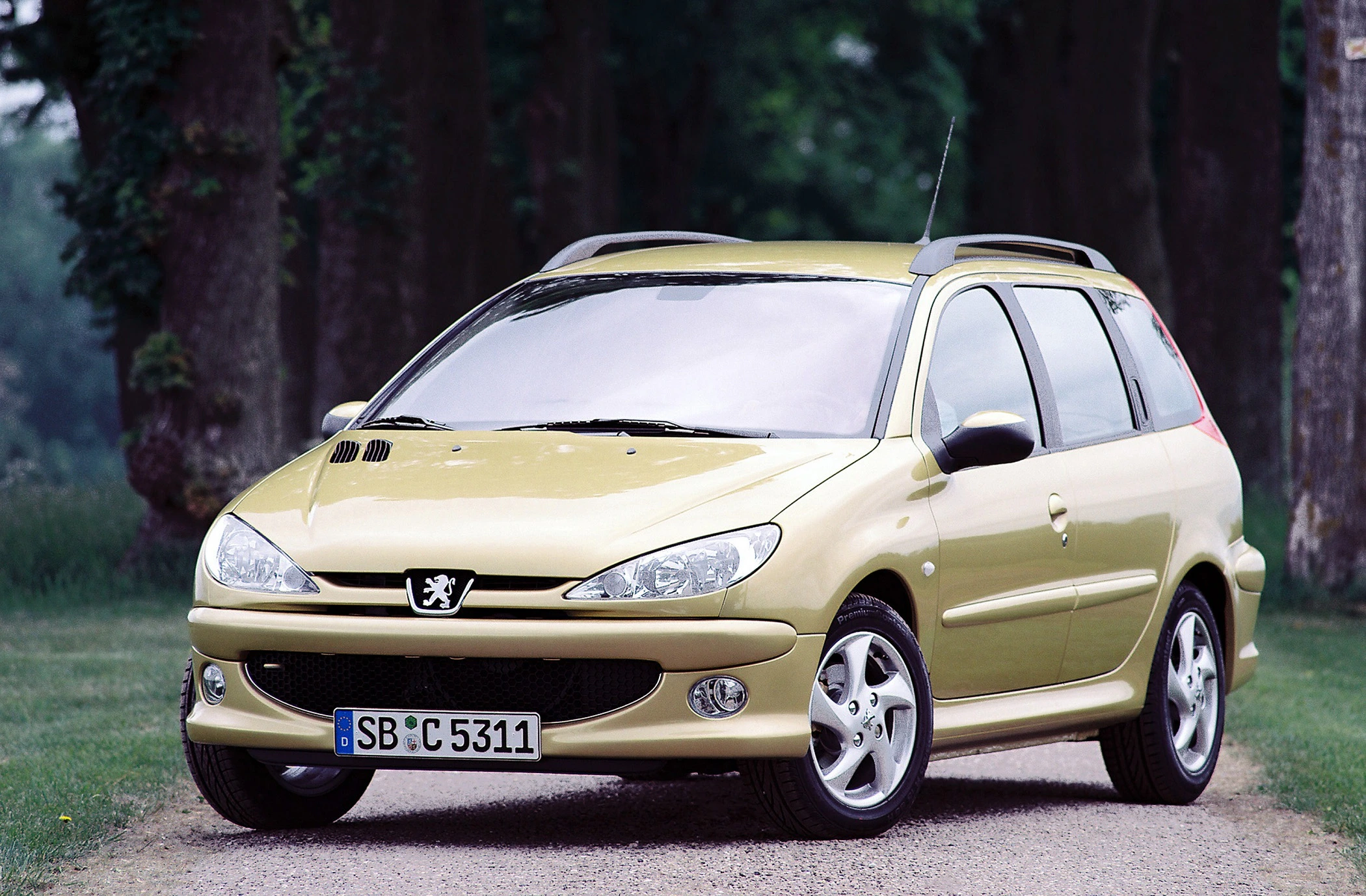 Gelber Peugeot 206 SW parkt auf einem Weg vor einer Baumreihe. Fahrzeug von vorne gesehen, mit Dachreling und deutschem Kennzeichen.