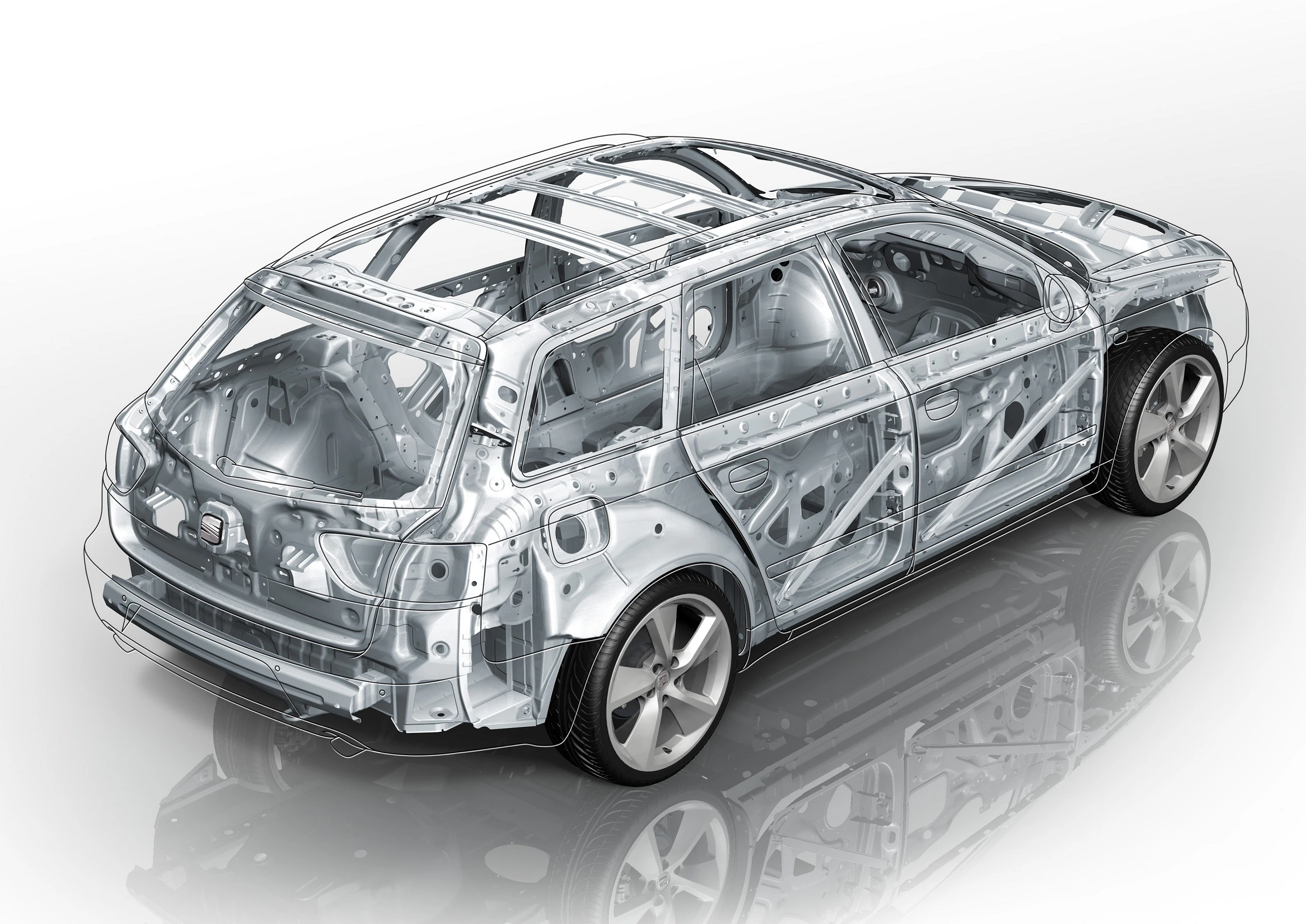 Transparente Darstellung eines Fahrzeugs mit sichtbarer Metallstruktur und Rahmen auf weißem Hintergrund.