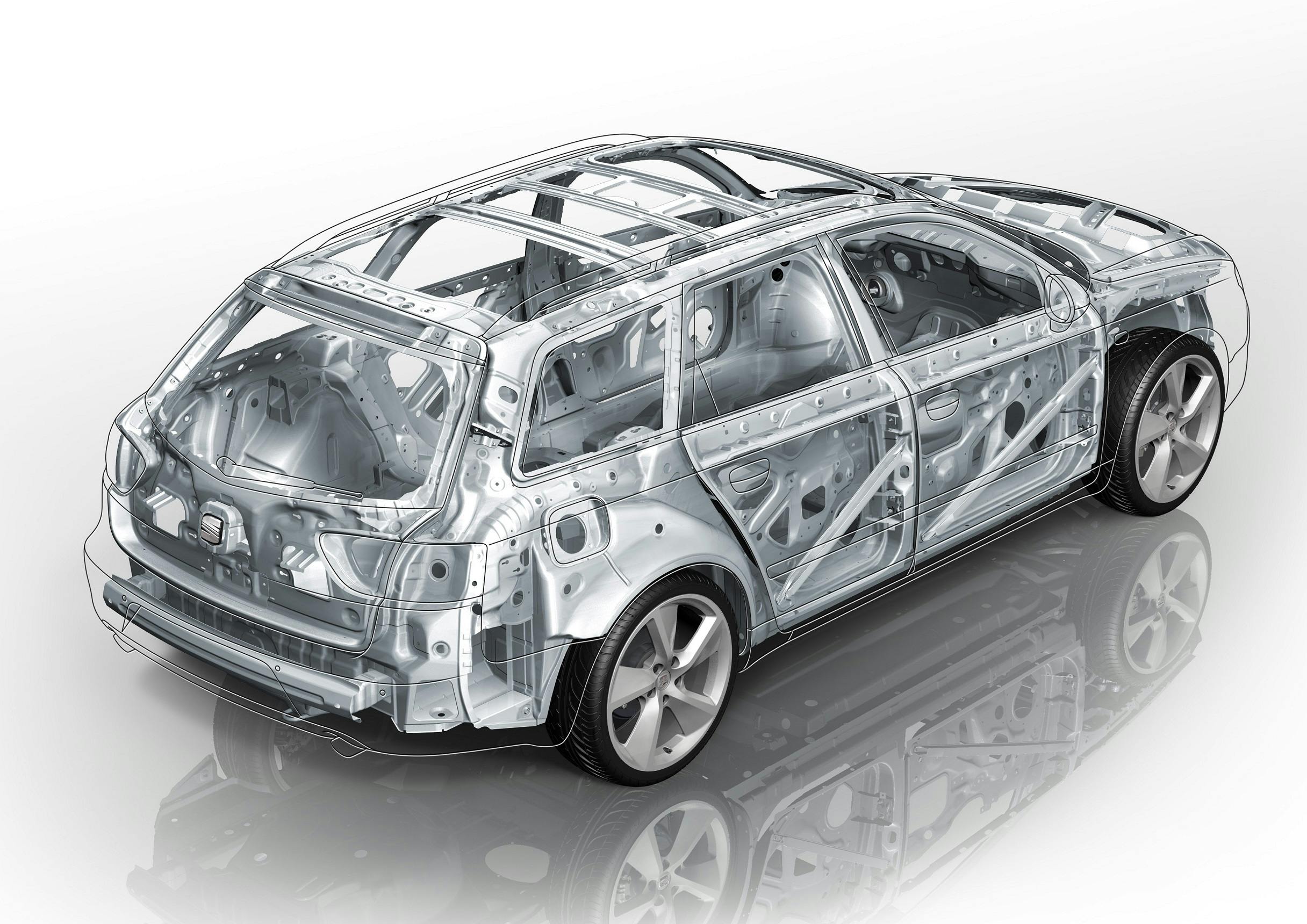 Transparente Darstellung eines Fahrzeugs mit sichtbarer Metallstruktur und Rahmen auf weißem Hintergrund.