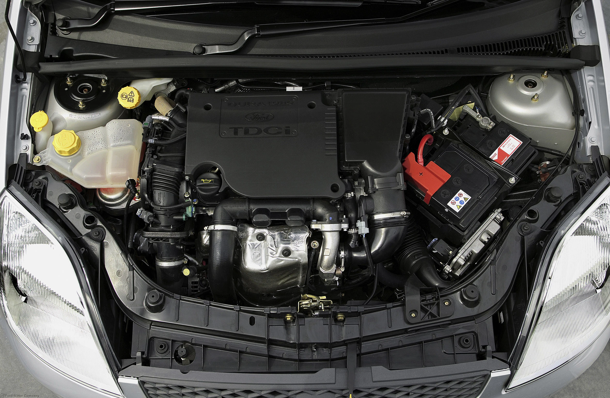 Blick auf einen geöffneten Motorraum eines Autos, zeigt einen TDCi-Motor mit sichtbarer Batterie und Kühlflüssigkeitsbehälter.