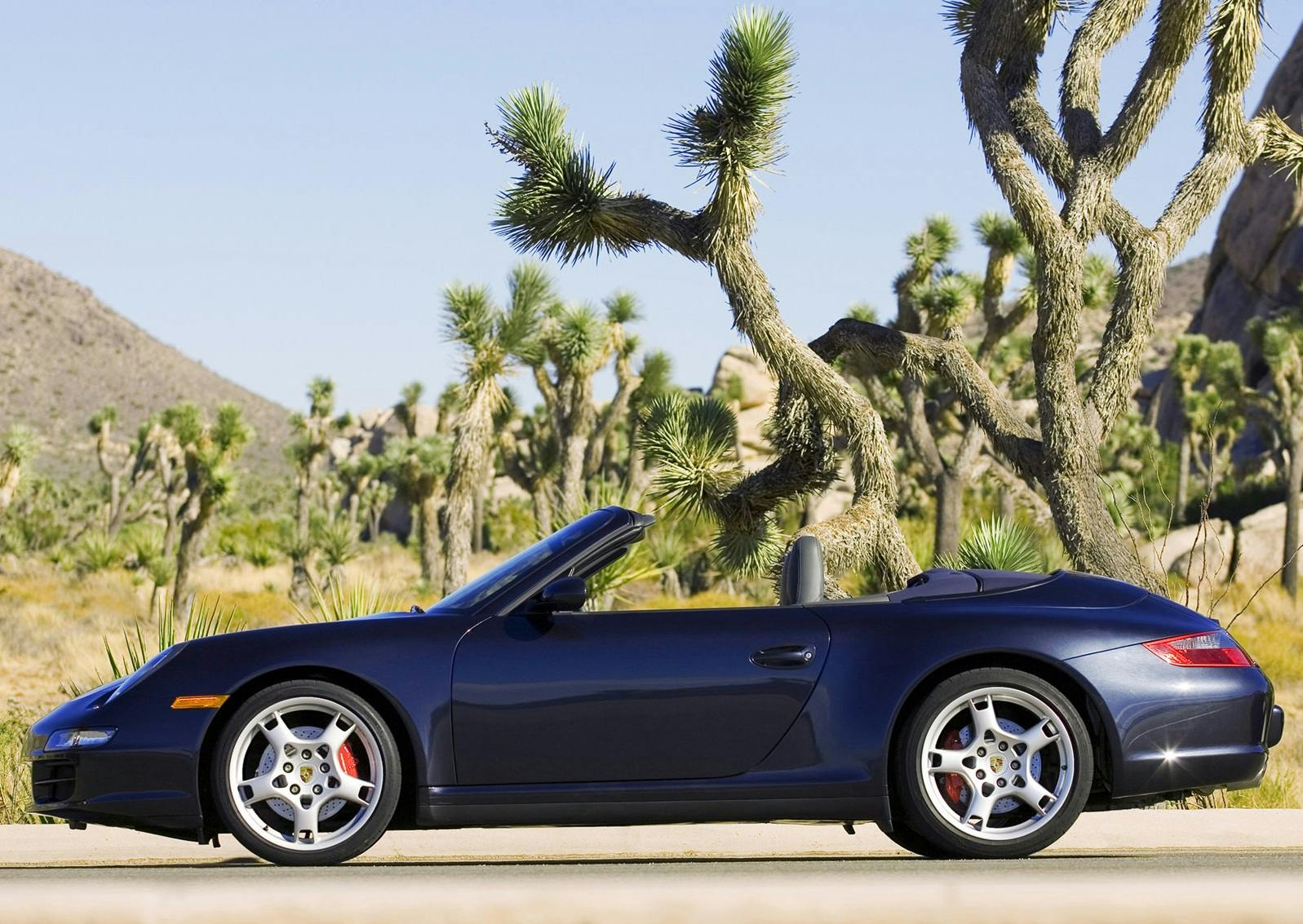 Ein blauer Cabrio-Sportwagen steht vor kargen, baumartigen Pflanzen in einer Wüstenlandschaft unter klarem, blauem Himmel.