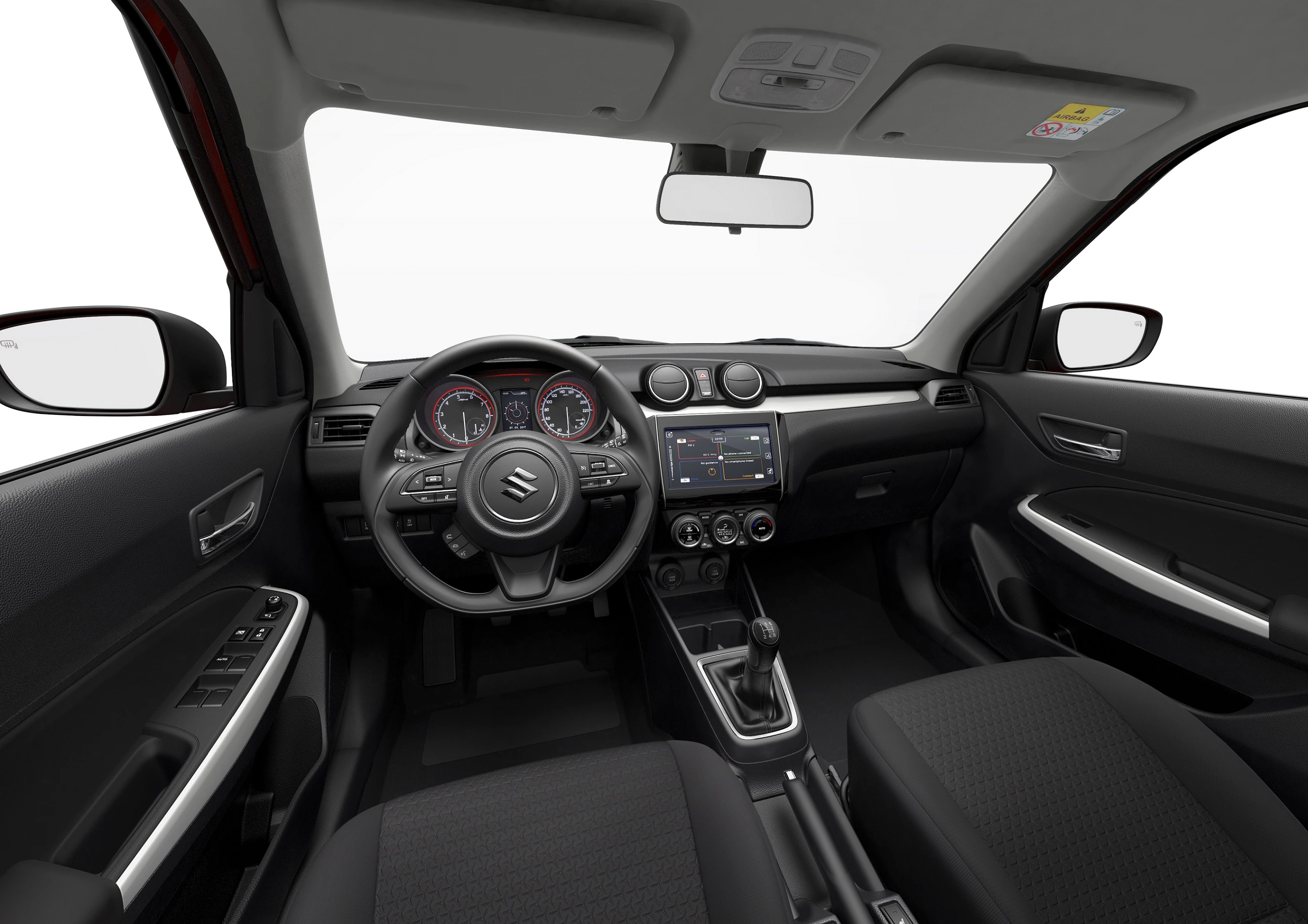 Innenraum eines Suzuki-Autos mit schwarzer Innenausstattung, modernem Armaturenbrett, Lenkrad und Schaltknüppel sichtbar.