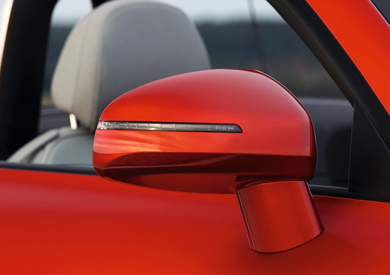 Roter Seitenspiegel eines Autos mit integriertem Blinker, vor unscharfem Hintergrund.