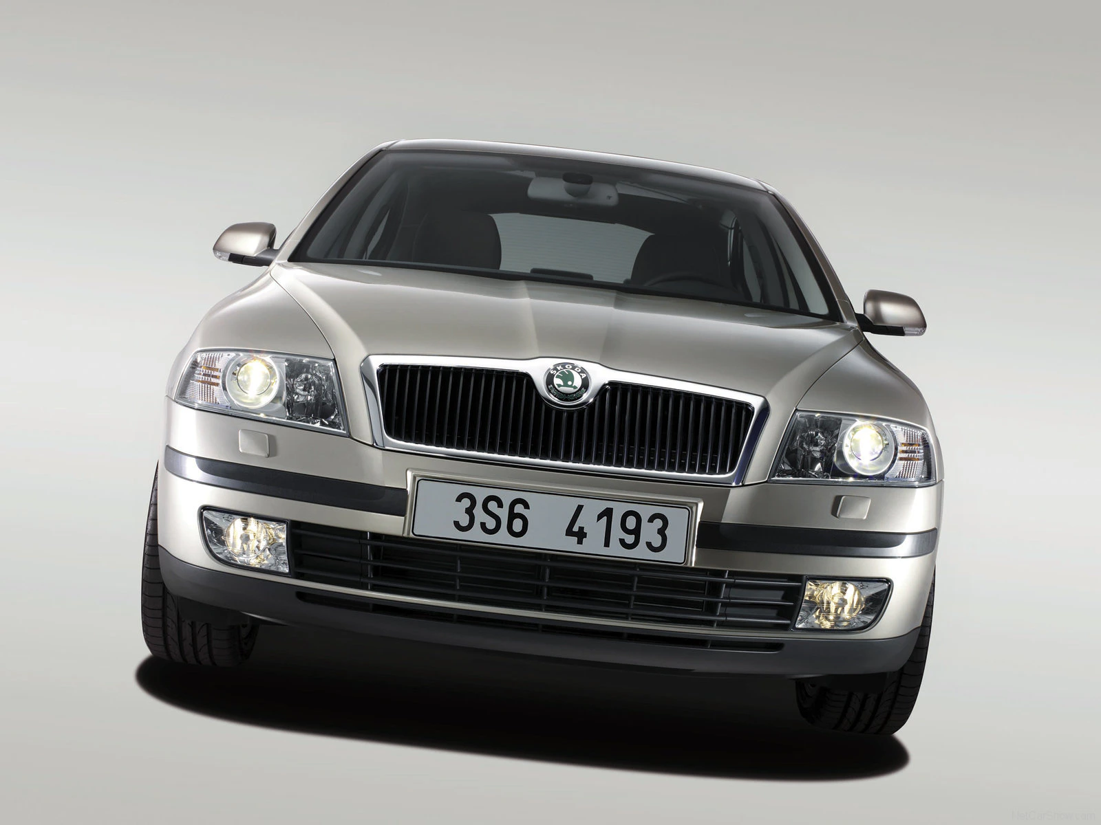 Silberner Škoda Octavia, Frontansicht, mit Nummernschild "3S6 4193" auf grauem Hintergrund.