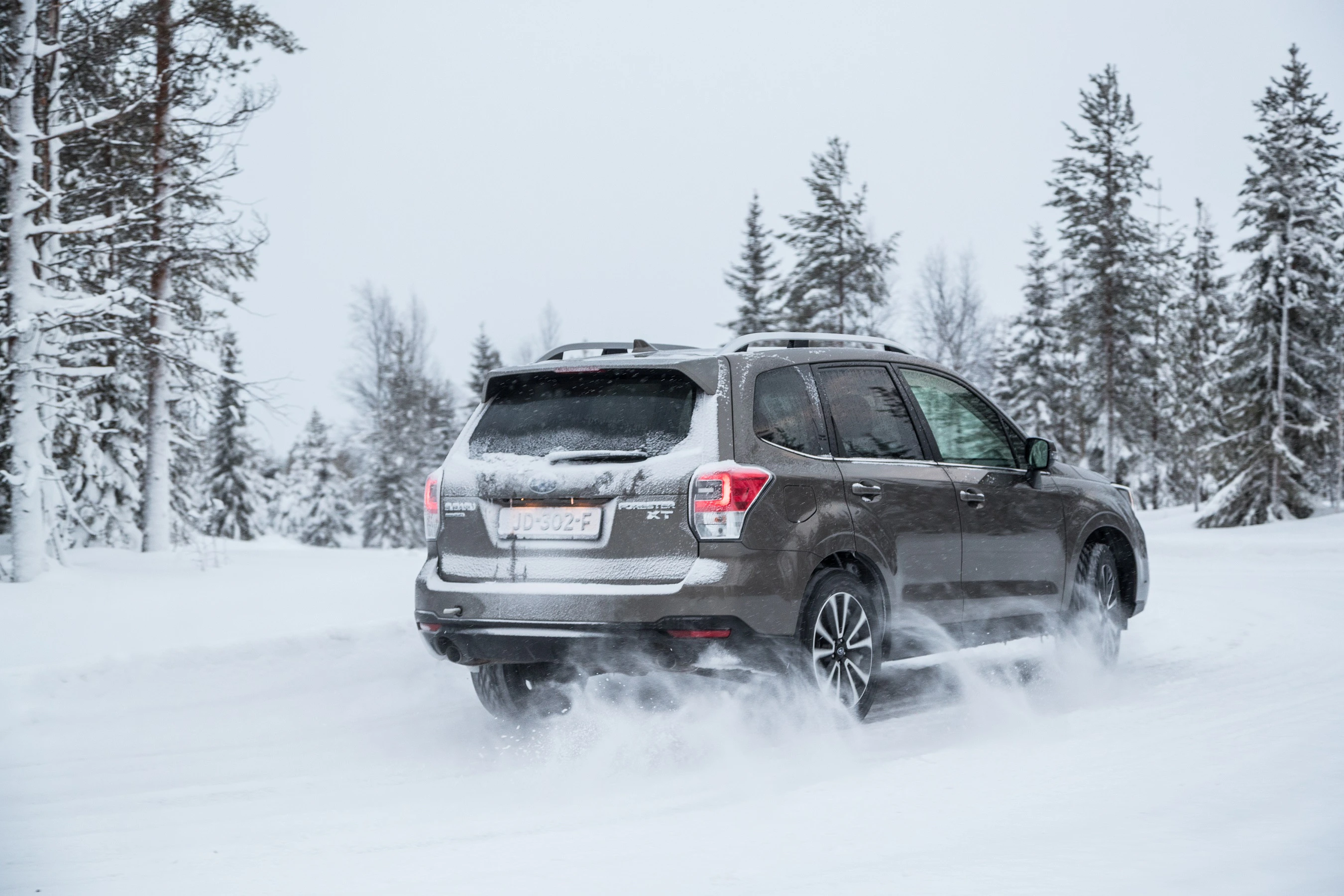 Ein brauner SUV fährt auf einer verschneiten Straße durch einen winterlichen Wald, wirbelt Schnee auf.