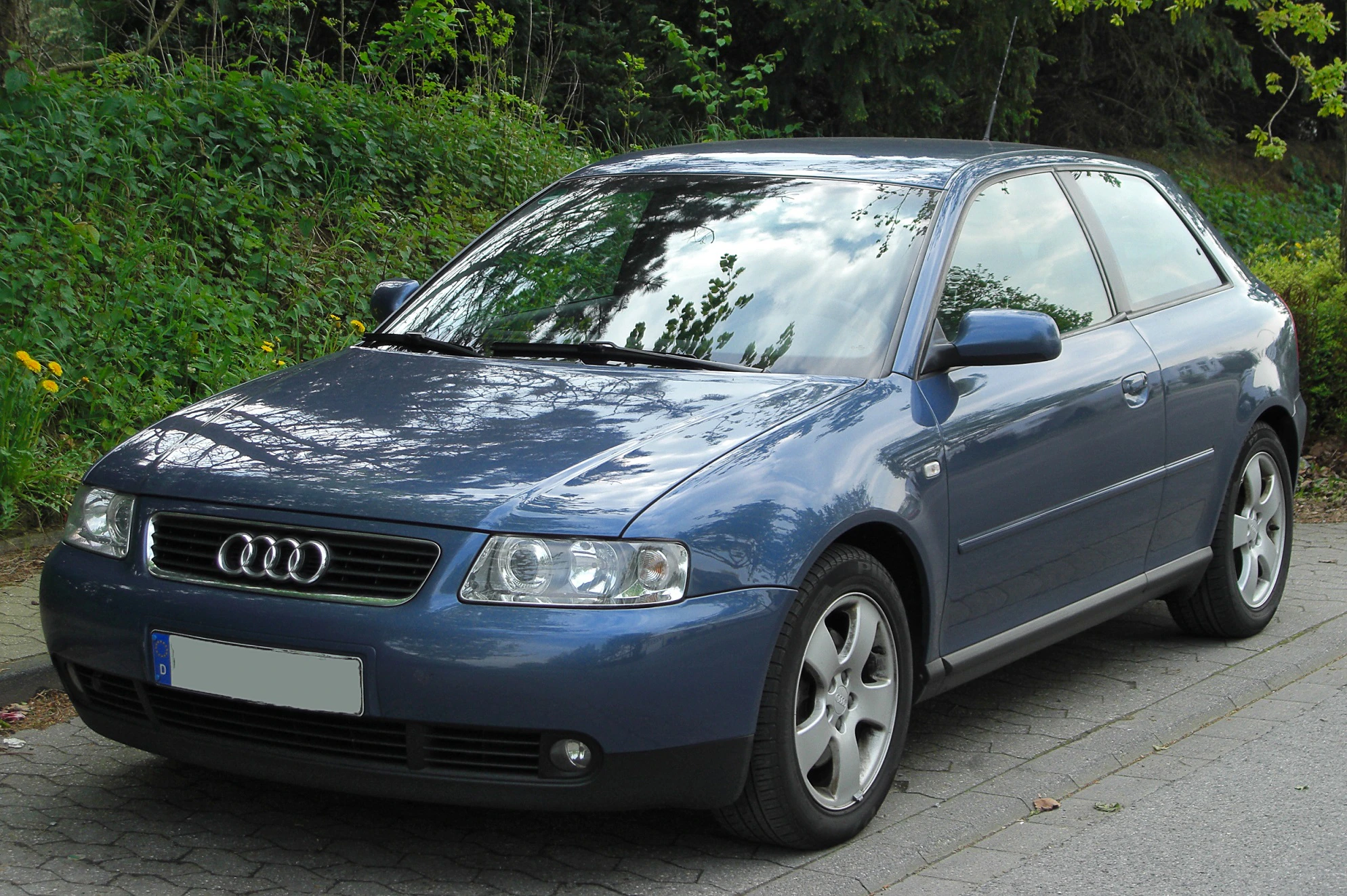 Blauer Audi A3, Dreitürer, geparkt auf einer Straße, umgeben von grünem Laub. Reflektionen von Bäumen auf den Fenstern.