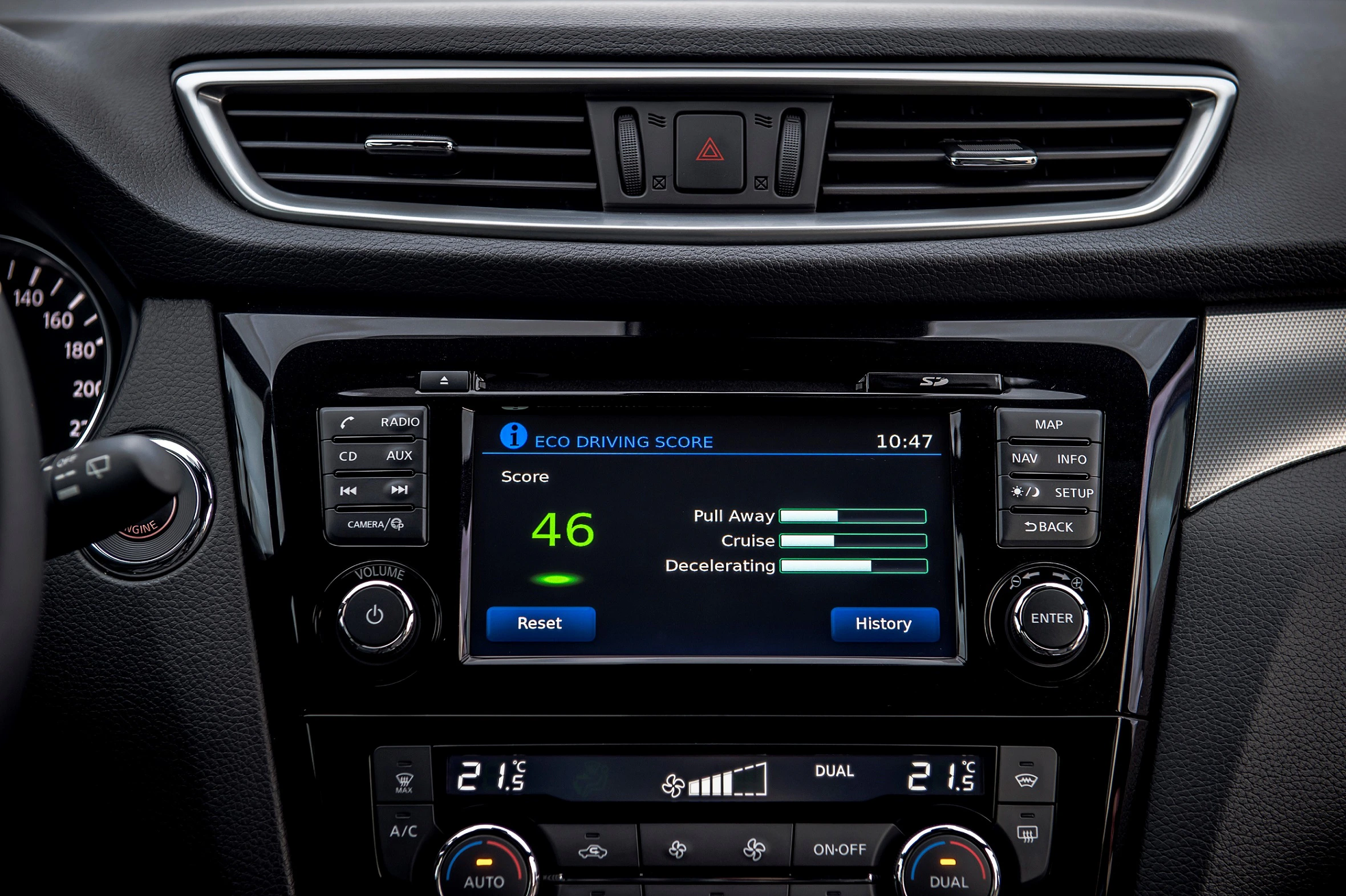 Nahaufnahme eines Auto-Dashboards mit einem Display, das eine Eco-Fahrbewertung von 46 anzeigt. Darunter Fahrzeugsteuerungen und Klimaregler.
