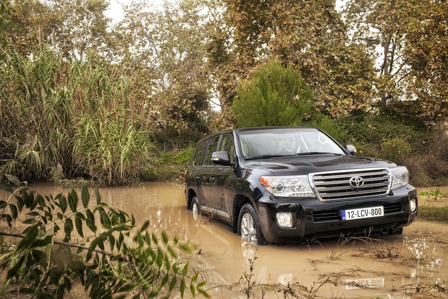 Ein schwarzer Geländewagen fährt durch schlammiges Wasser, umgeben von dichter Vegetation unter einem bewölkten Himmel.