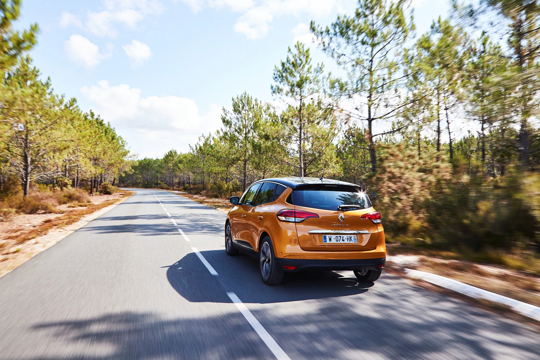 Goldenes Auto fährt auf einsamer Straße durch bewaldetes Gebiet unter blauem Himmel.