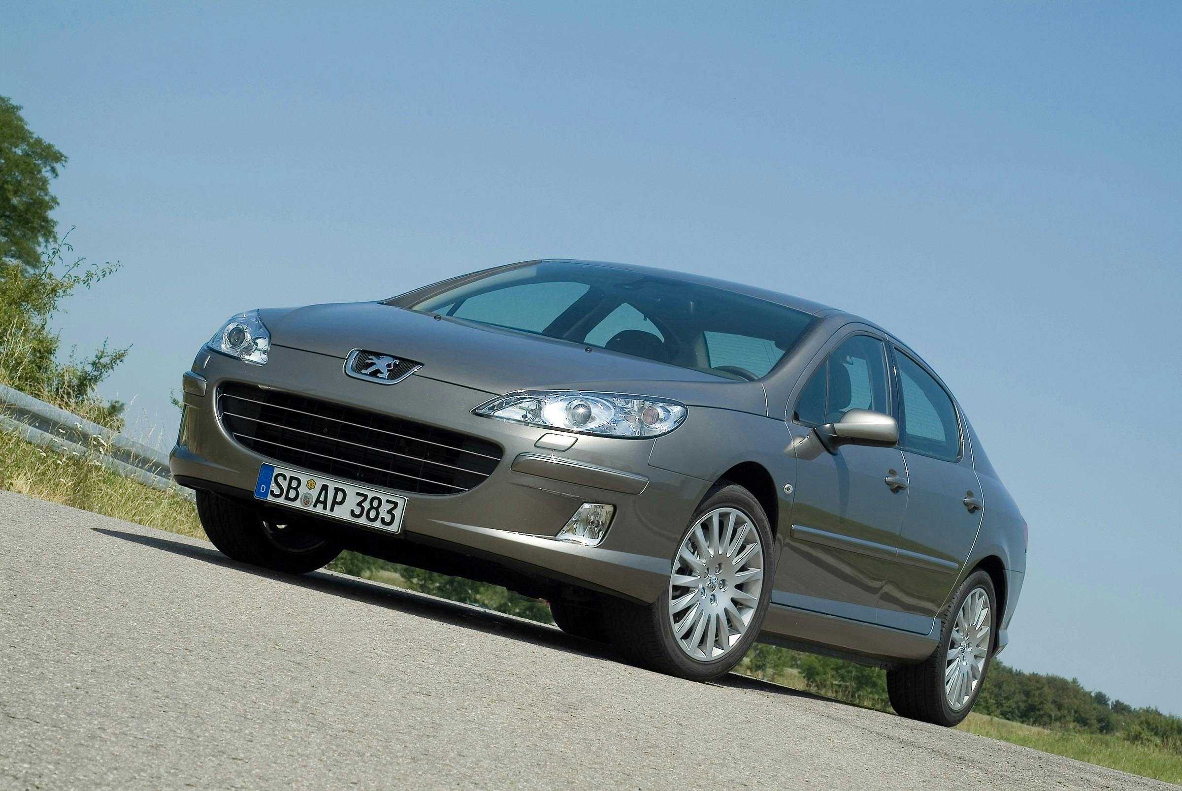 Silberner Peugeot 407 steht auf einer Straße bei sonnigem Wetter, frontal aufgenommen. Hintergrund: blauer Himmel und grüne Vegetation.
