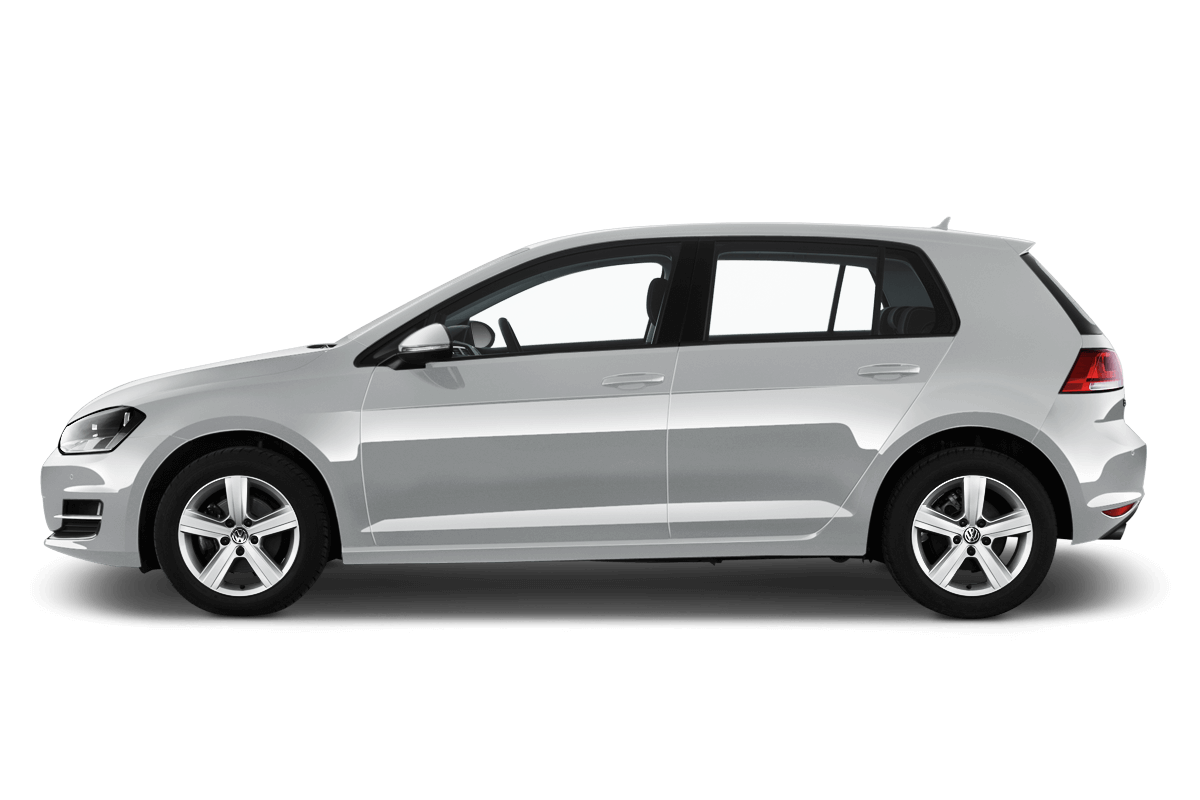 Silberner Kompaktwagen mit fünf Türen, Seitenansicht, auf weißem Hintergrund.