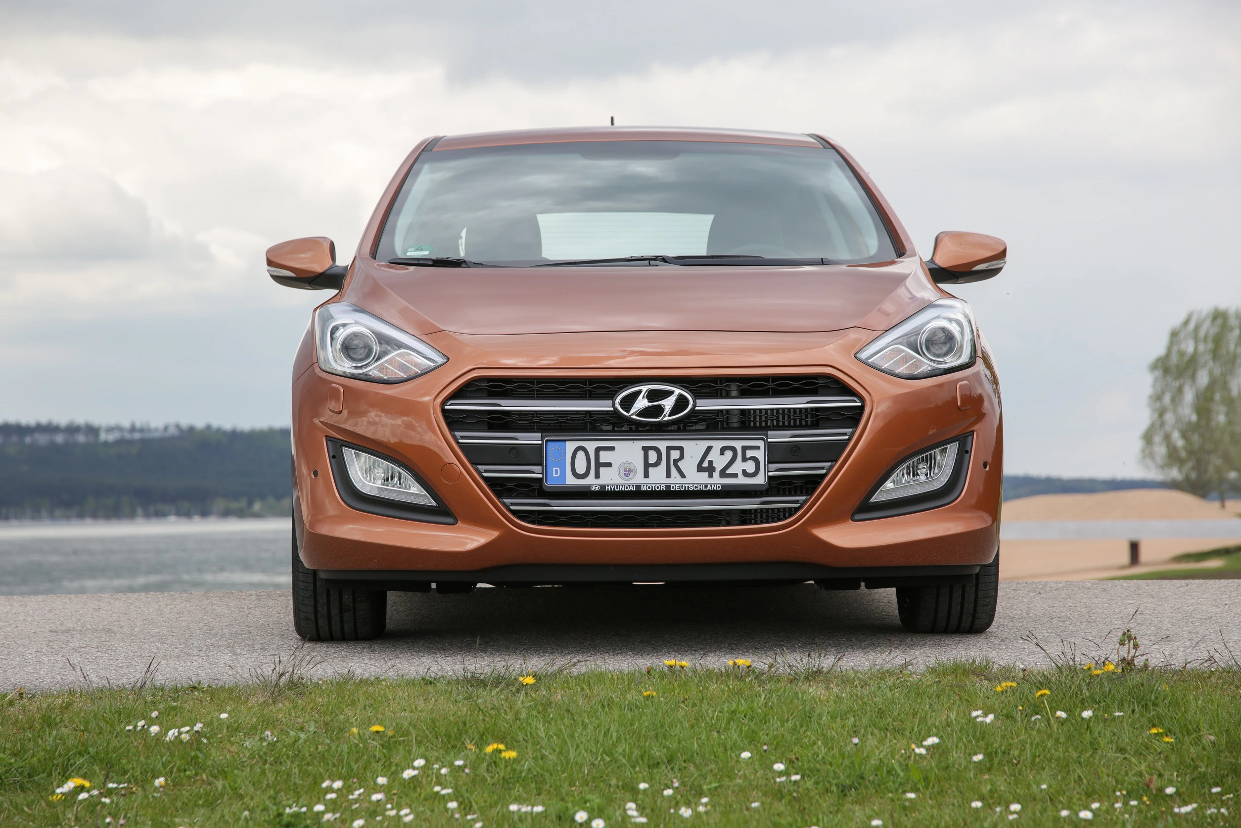 Brauner Hyundai i30 auf Landstraße, aus der Frontansicht fotografiert. Im Hintergrund Wiese, Wasser und bewölkter Himmel.
