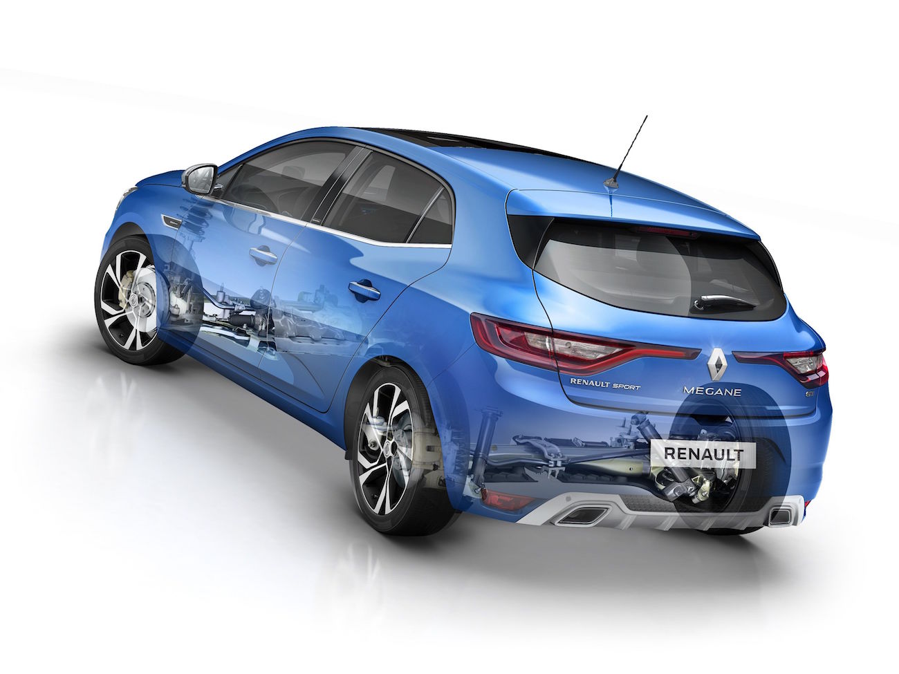 Blauer Renault Mégane mit transparentem Effekt, der das Innere und die Technik des Autos zeigt, vor weißem Hintergrund.