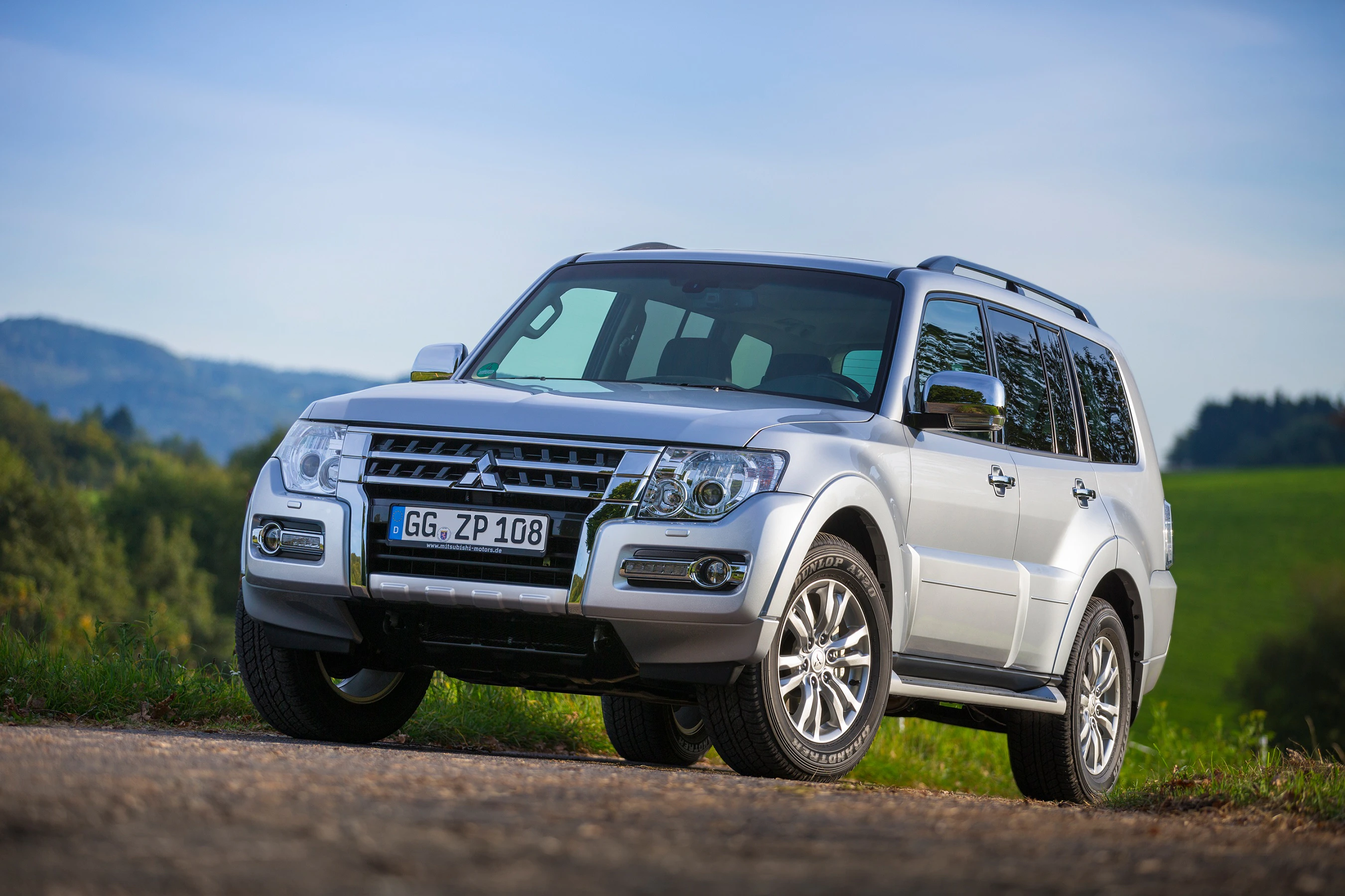 Silberner SUV parkt auf einem ländlichen Weg, umgeben von grüner Landschaft und blauem Himmel im Hintergrund.