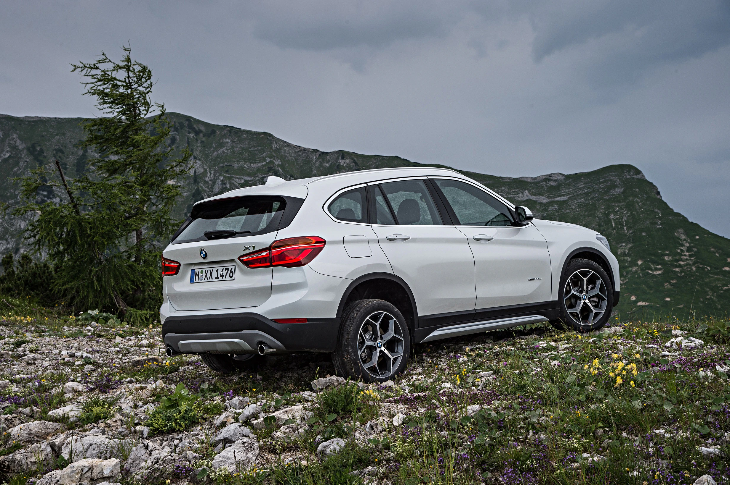 Weißer SUV auf einer grasbewachsenen Anhöhe mit felsiger Landschaft und bewölktem Himmel im Hintergrund.