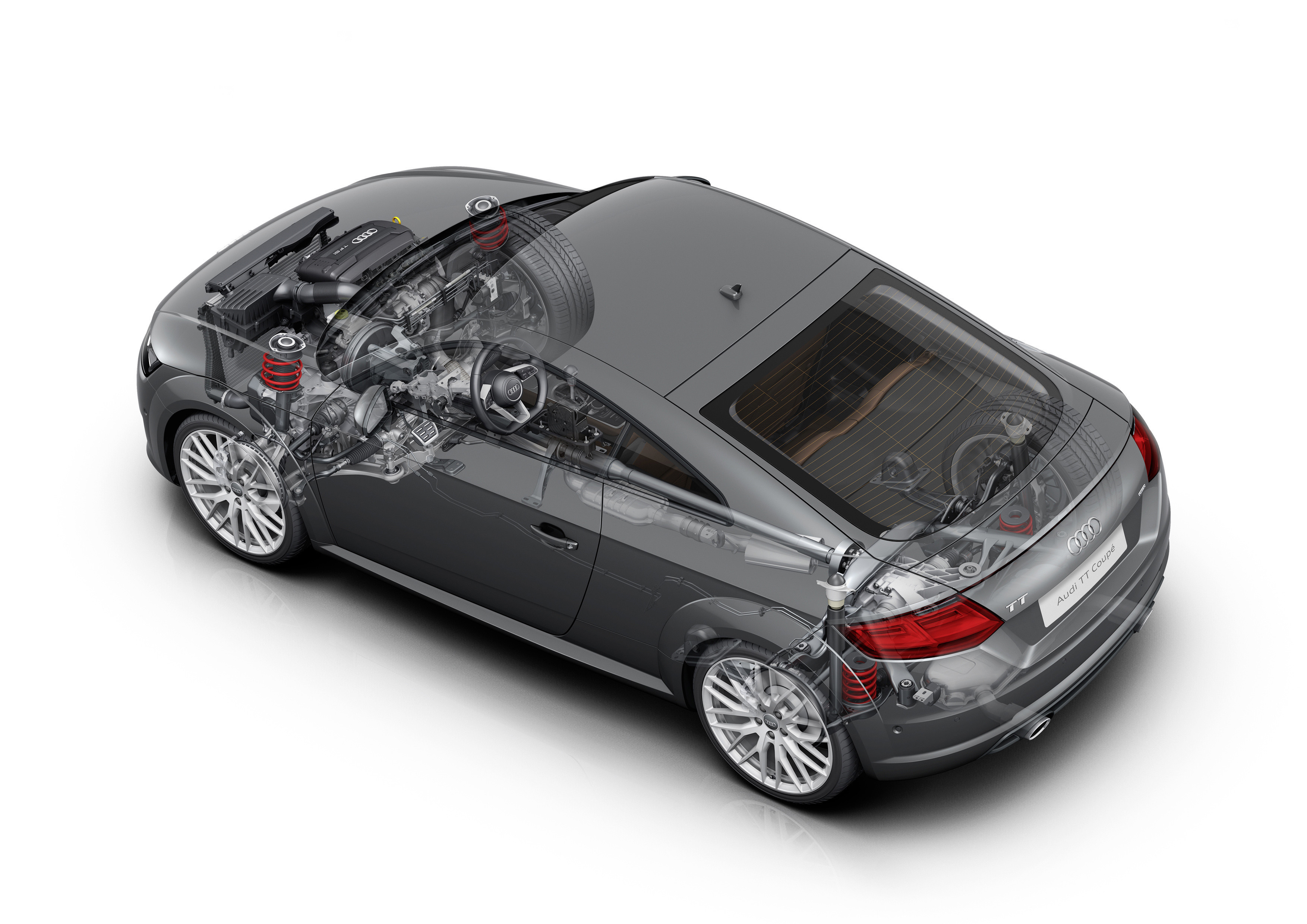 Durchsichtige Ansicht eines grauen Autos mit sichtbaren inneren Komponenten wie Motor, Aufhängung und Sitzen, von hinten oben gesehen.