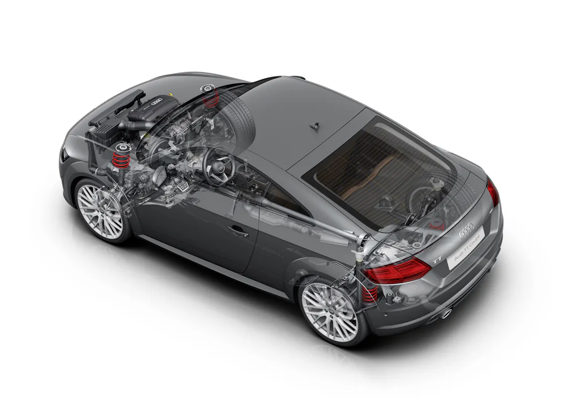 Durchsichtige Ansicht eines grauen Autos mit sichtbaren inneren Komponenten wie Motor, Aufhängung und Sitzen, von hinten oben gesehen.