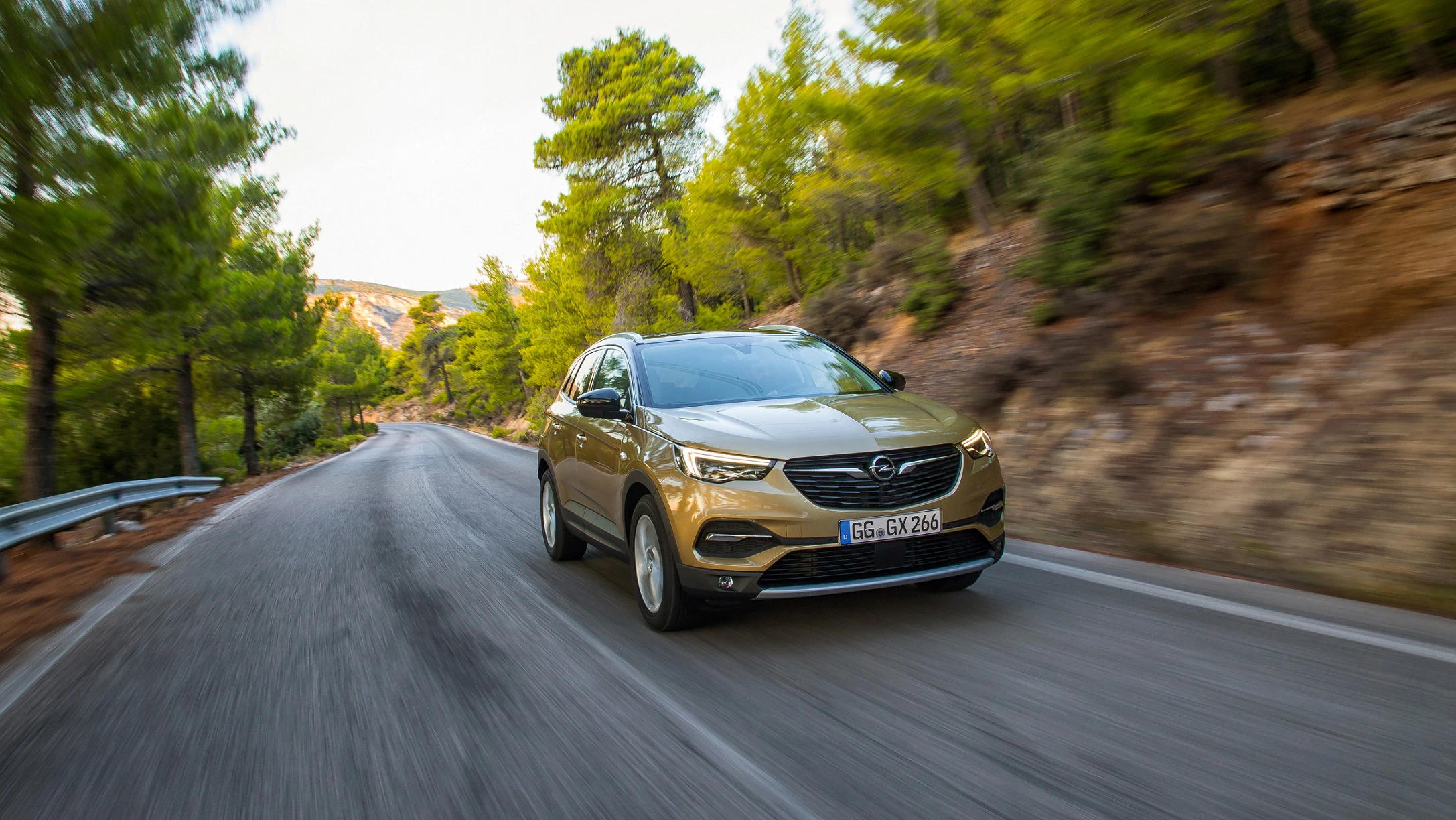 Ein goldener SUV fährt auf einer kurvenreichen Straße durch eine bewaldete Berglandschaft. Bäume säumen die Straße an beiden Seiten.