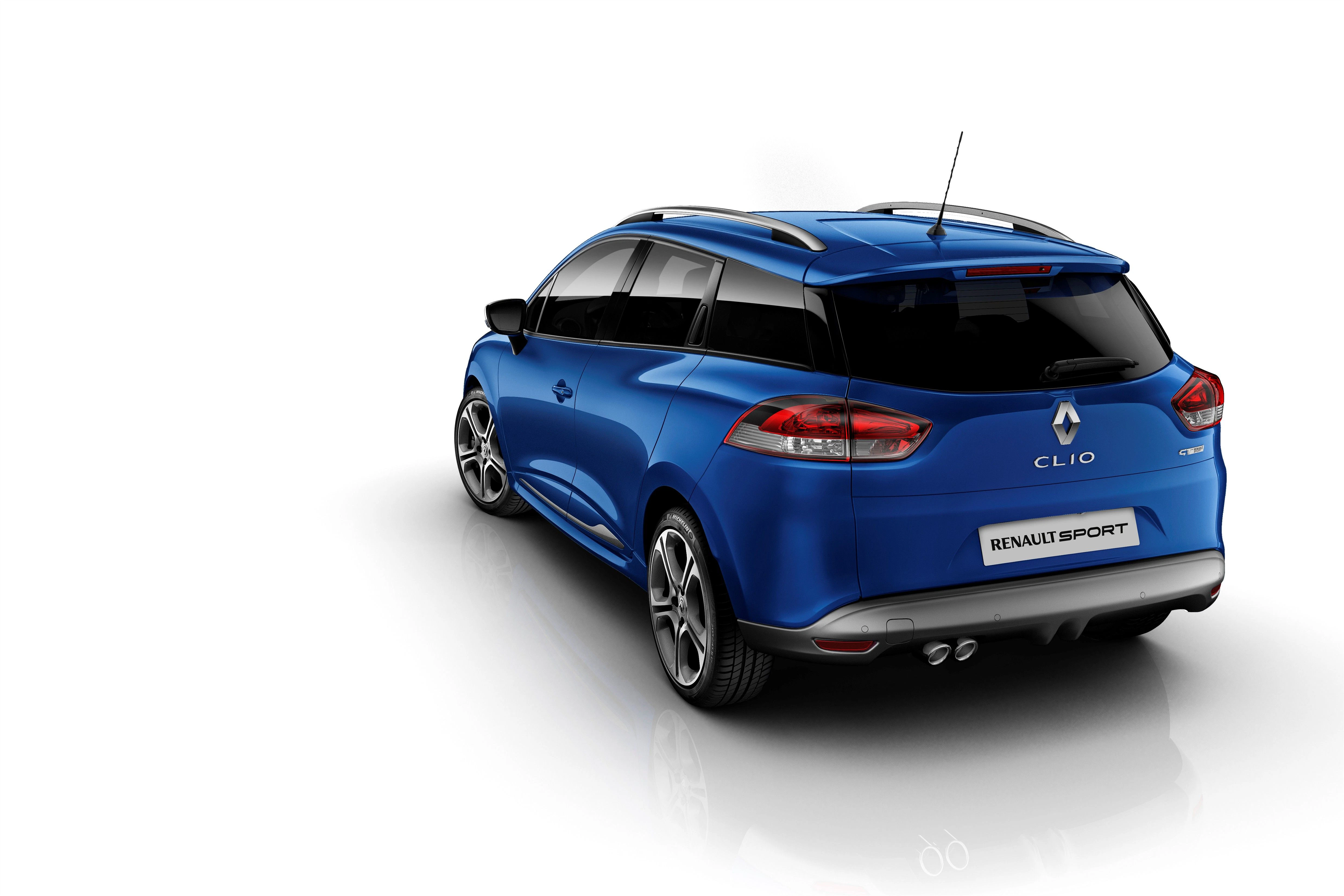 Blauer Renault Clio RS von hinten auf weißem Hintergrund, modern und sportlich, mit glänzenden Felgen und Doppel-Auspuff.