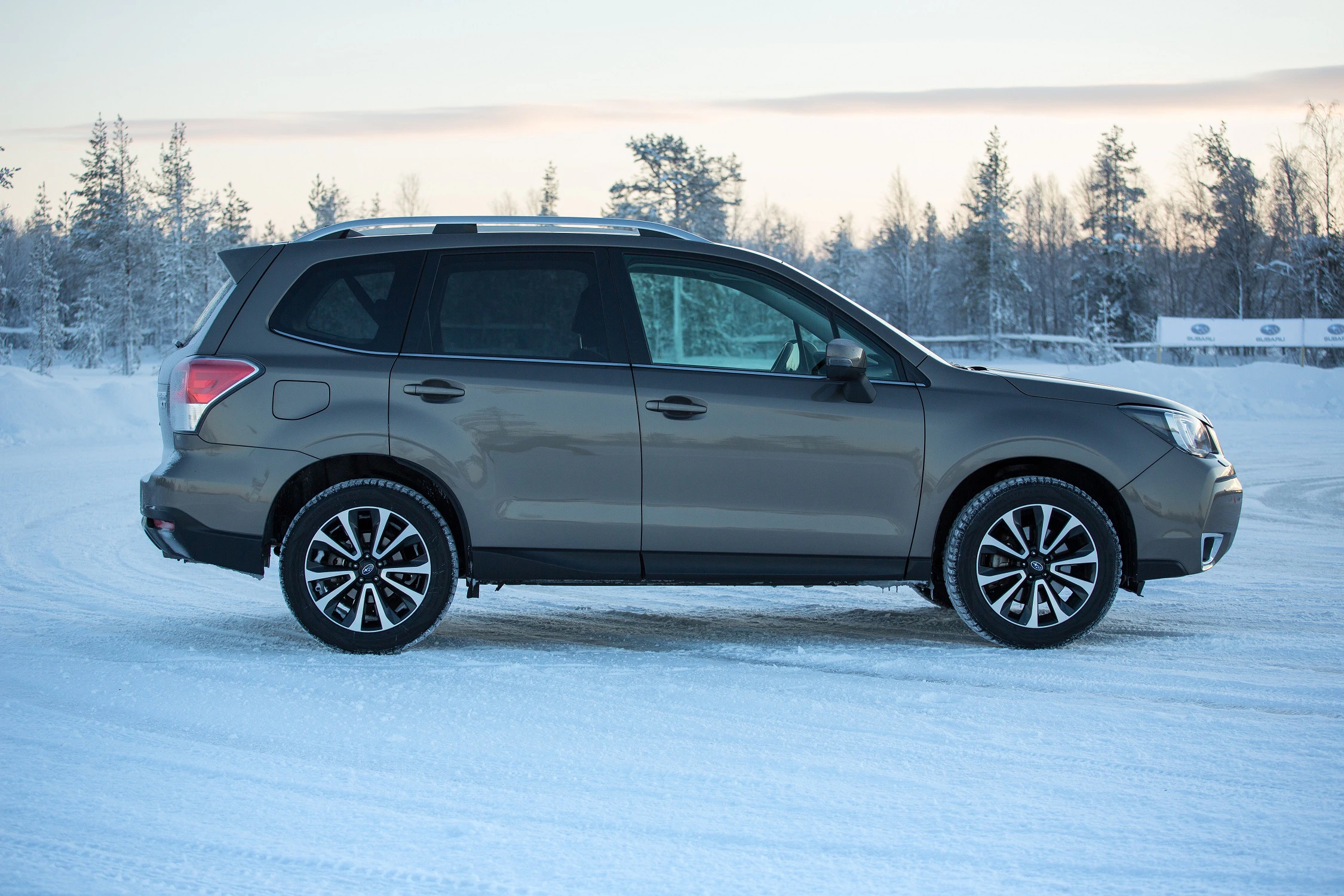 Silberner SUV parkt auf schneebedecktem Boden vor einem Hintergrund aus verschneiten Bäumen unter einem klaren Himmel.