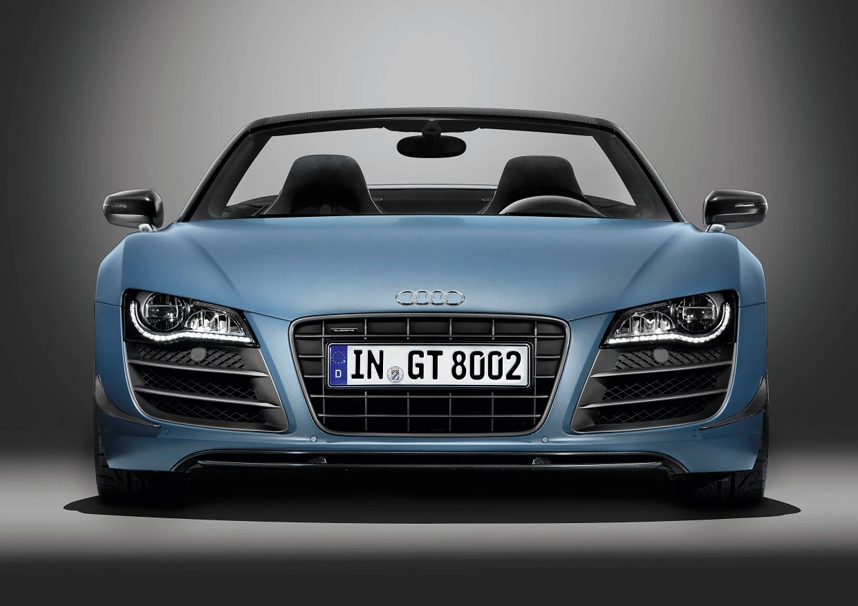 Blauer Audi R8 Spyder, Frontansicht, mit offenem Verdeck und sichtbarem Kennzeichen auf grauem Hintergrund.