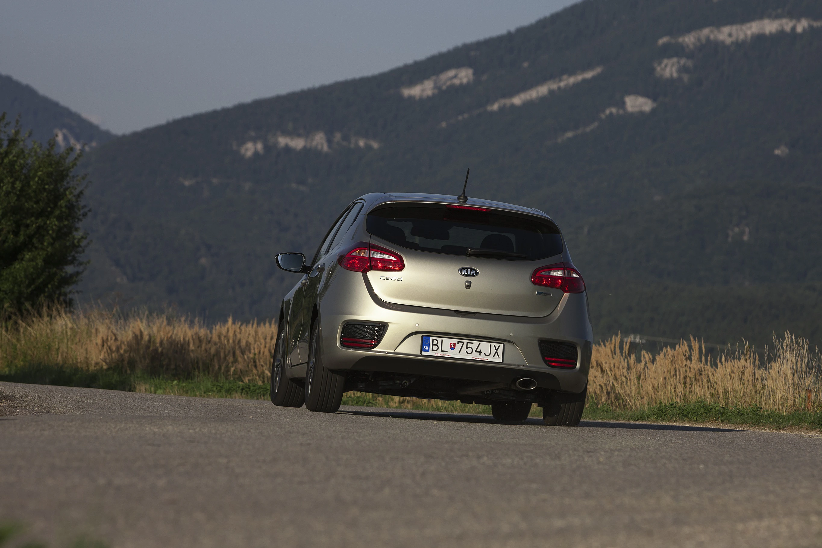 Silbernes Auto auf Landstraße, Berglandschaft im Hintergrund, von hinten fotografiert.