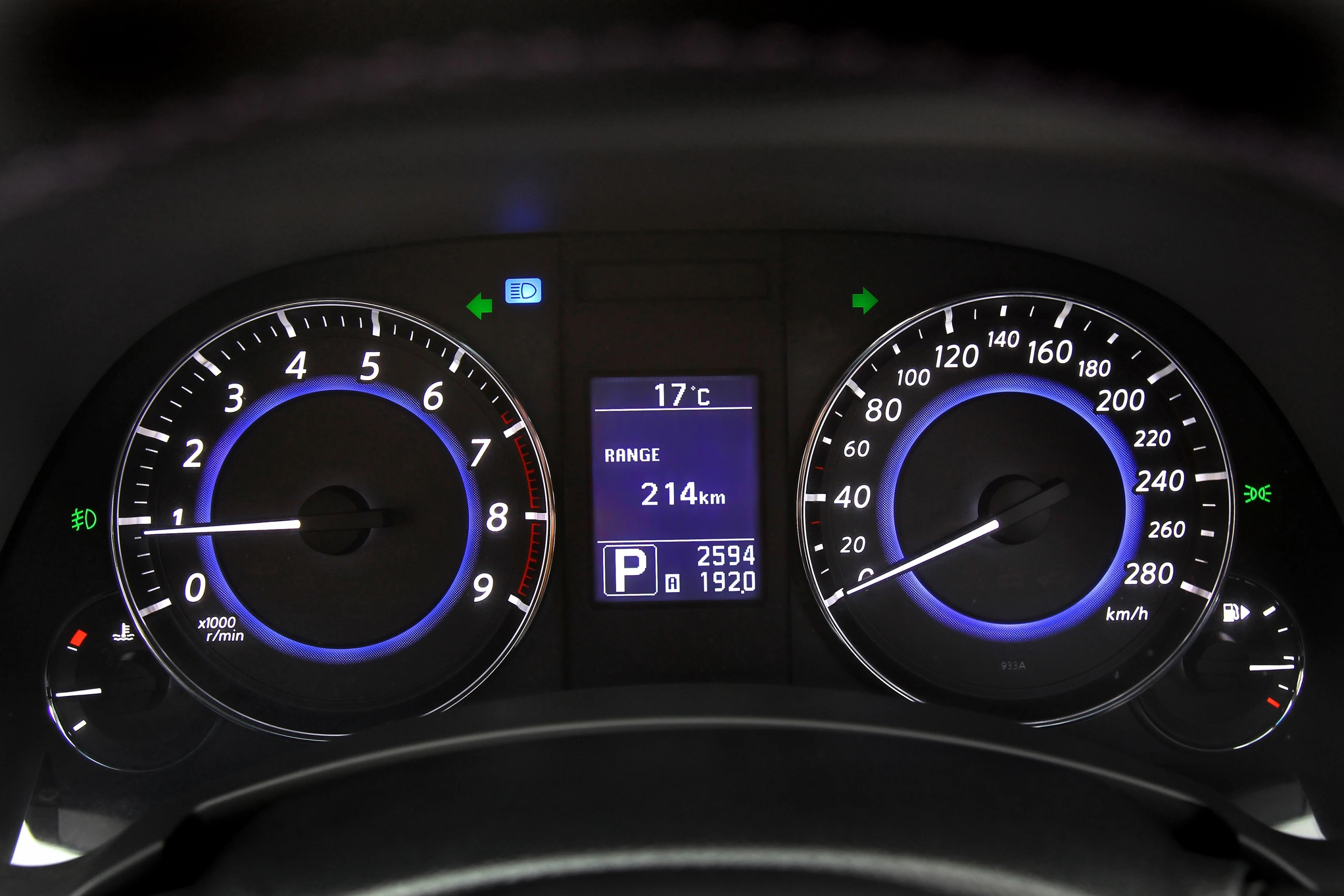 Armaturenbrett eines Autos mit Tachometer, Drehzahlmesser, Temperaturanzeige (17°C) und Kilometerstand (2594 km), Reichweite 214 km.