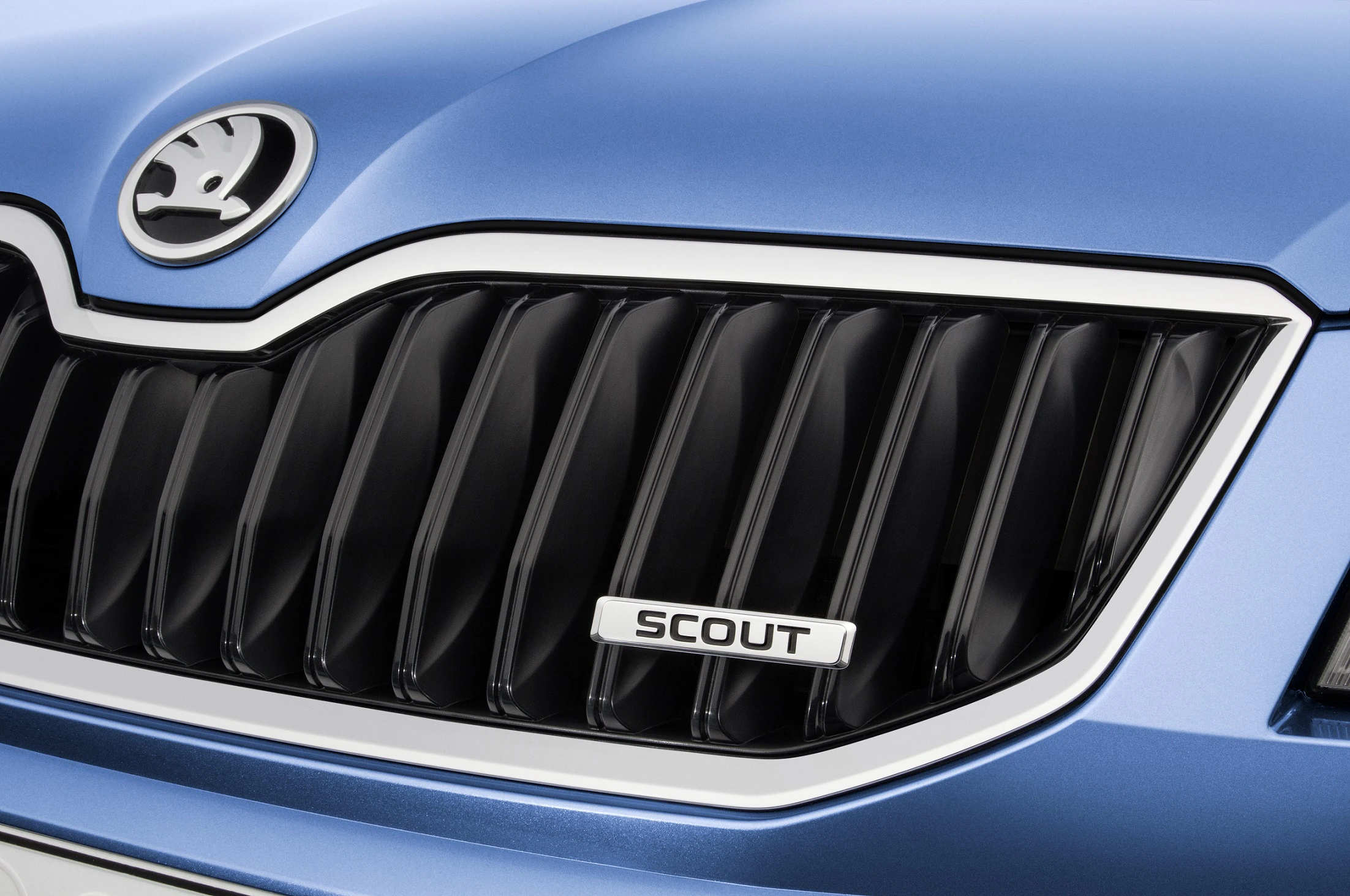 Nahaufnahme eines blau lackierten Škoda-Kühlergrills mit dem Schriftzug "Scout".
