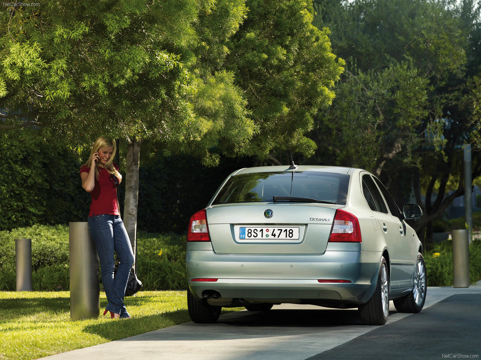 Frau spricht am Telefon neben einem geparkten silbernen Auto, umgeben von grünen Bäumen in sonniger Umgebung.