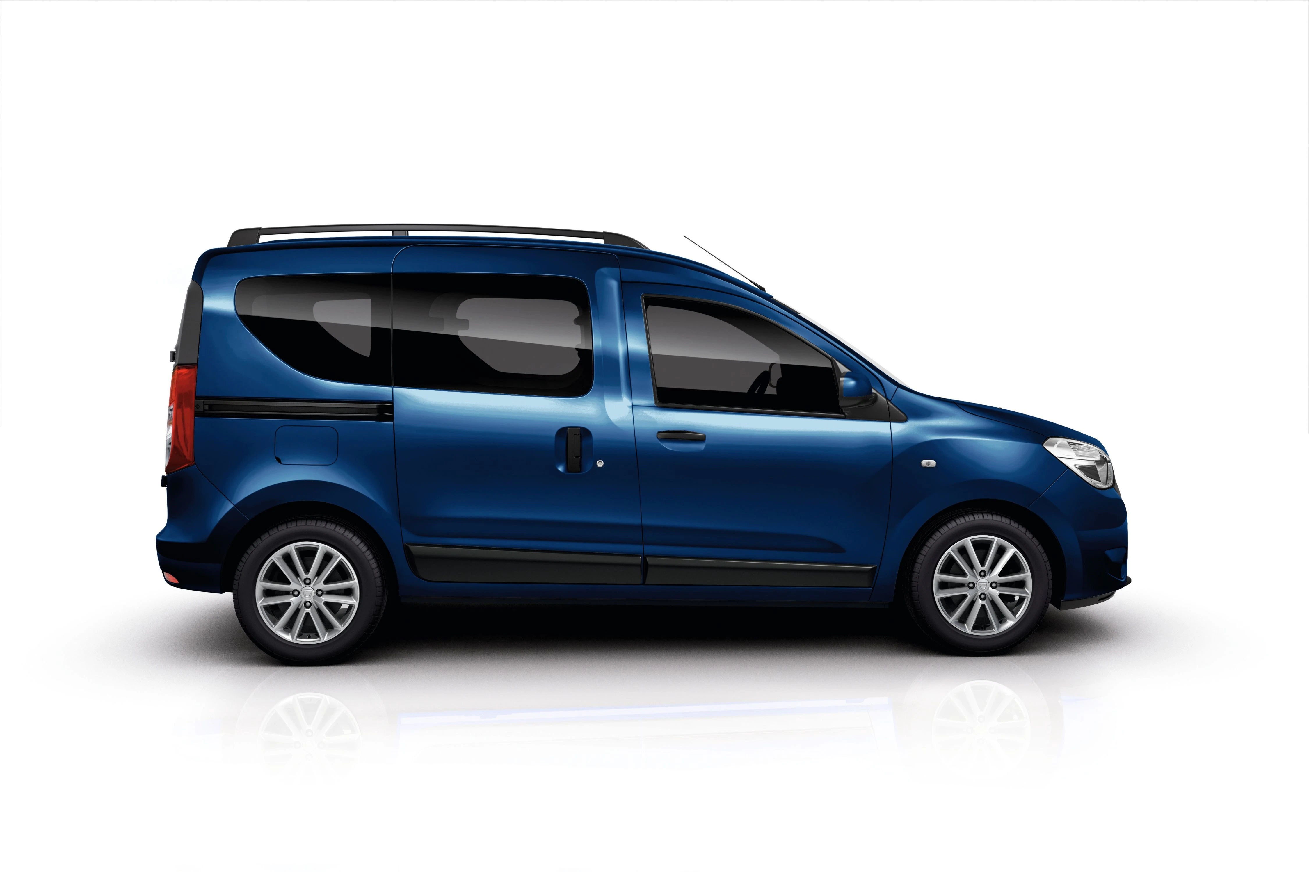 Blauer Minivan in Seitenansicht mit schwarzen Fenstern und Dachreling auf weißem Hintergrund.