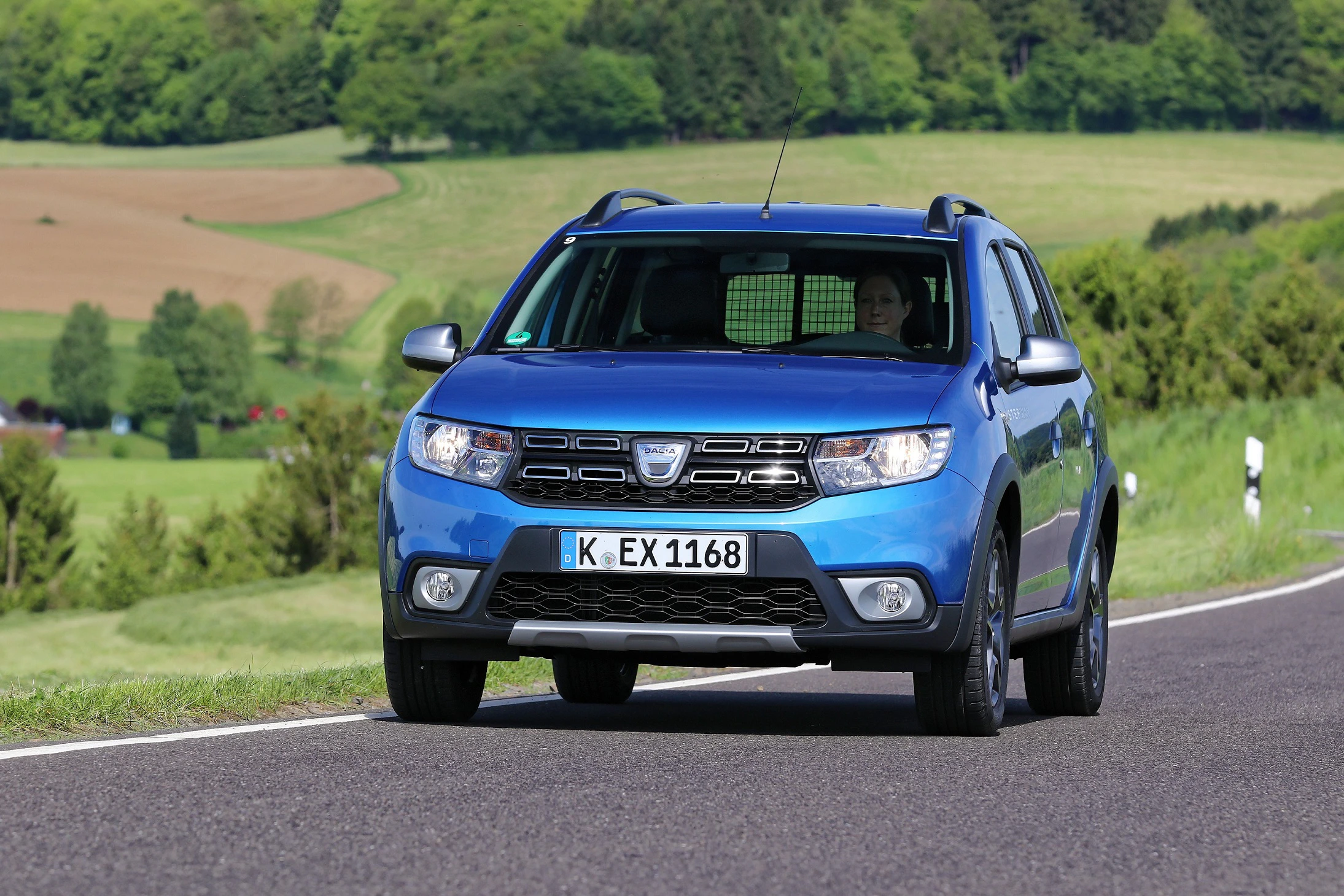 Blauer SUV fährt auf einer Landstraße mit grüner Landschaft im Hintergrund. Fahrer ist sichtbar.