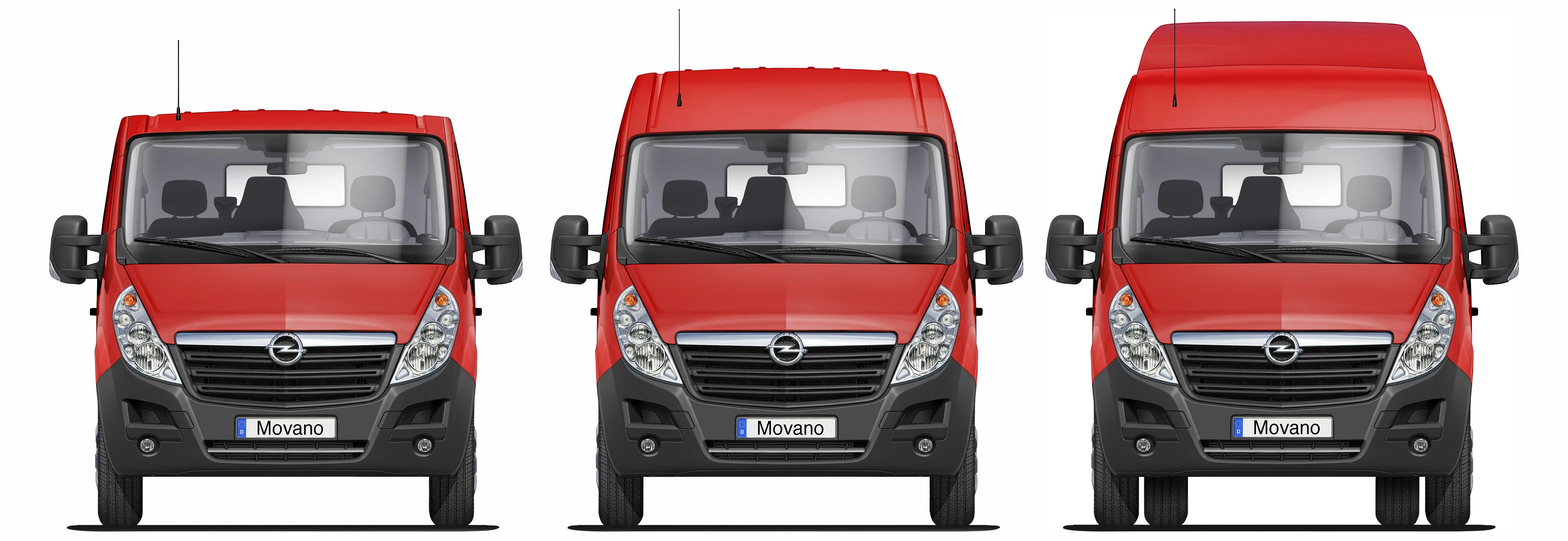 Drei rote Lieferwagen von vorne, mit unterschiedlichen Dachhöhen.