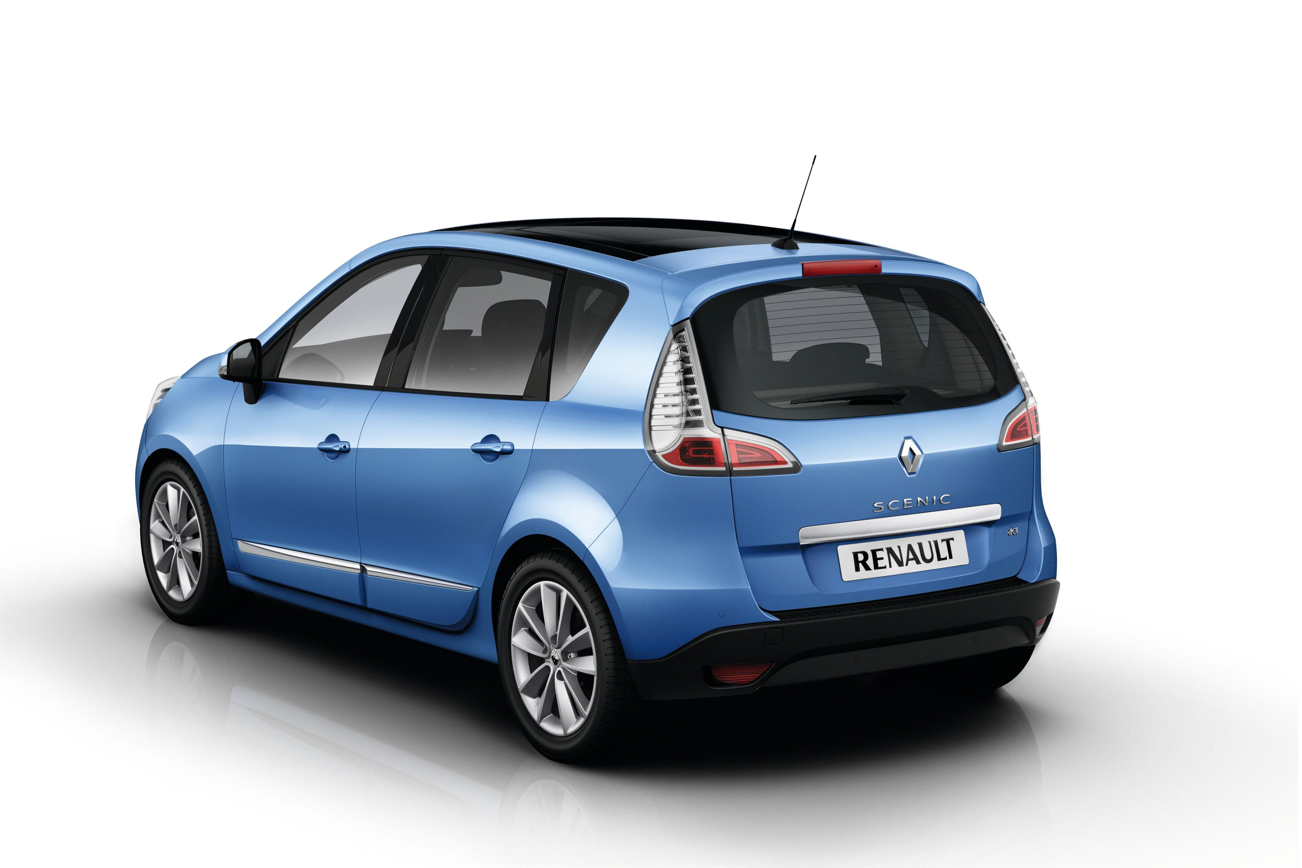 Blauer Renault Scenic, Rückansicht; kompakter Van mit abgerundeten Kanten, großen Rücklichtern und Dachantenne, auf weißem Hintergrund.