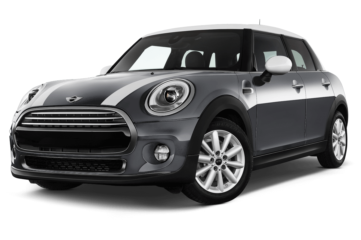 Schwarzer Mini Cooper mit weißen Akzenten, steht auf einem weißen Hintergrund. Kompaktes Design mit markanter Front und fünf Türen.