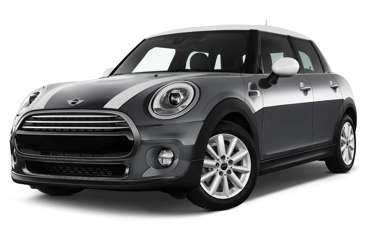 Schwarzer Mini Cooper mit weißen Akzenten, steht auf einem weißen Hintergrund. Kompaktes Design mit markanter Front und fünf Türen.