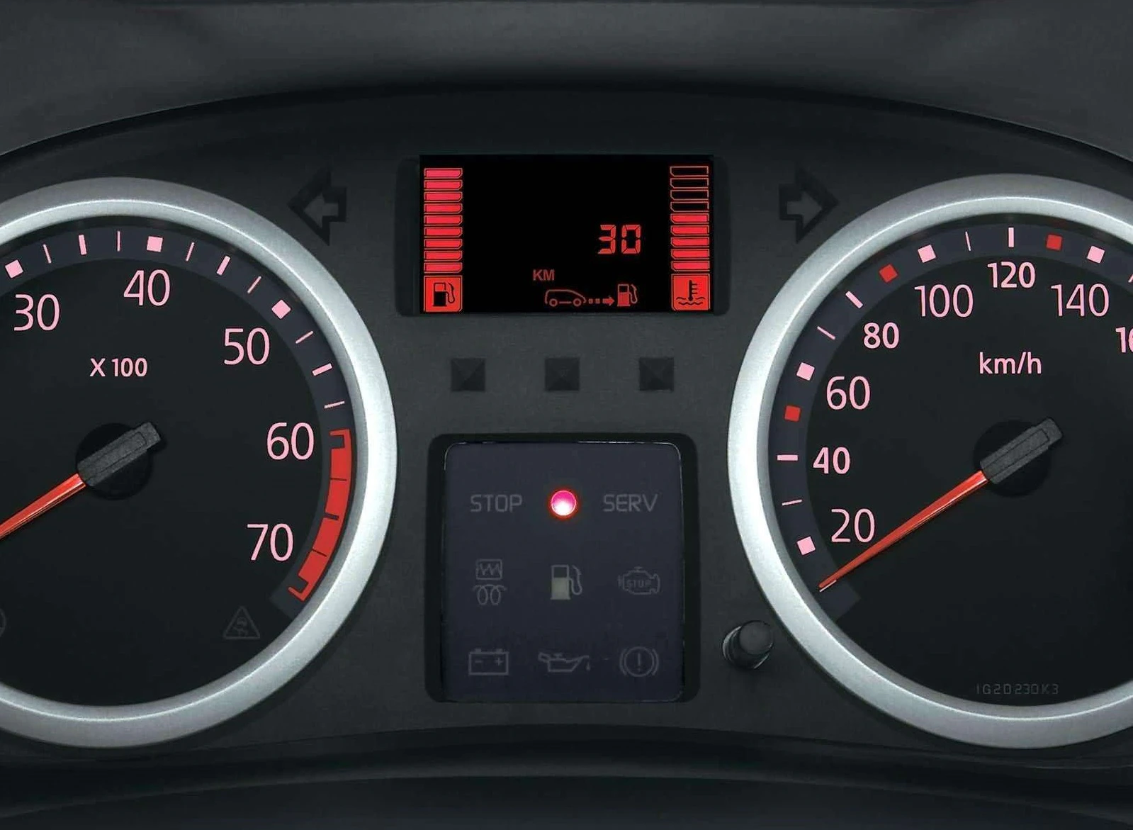 Tachometer und Drehzahlmesser eines Fahrzeugs mit Warnleuchten. Geschwindigkeit: 0 km/h, 3000 U/min. Zentrales Display zeigt 30 km an.