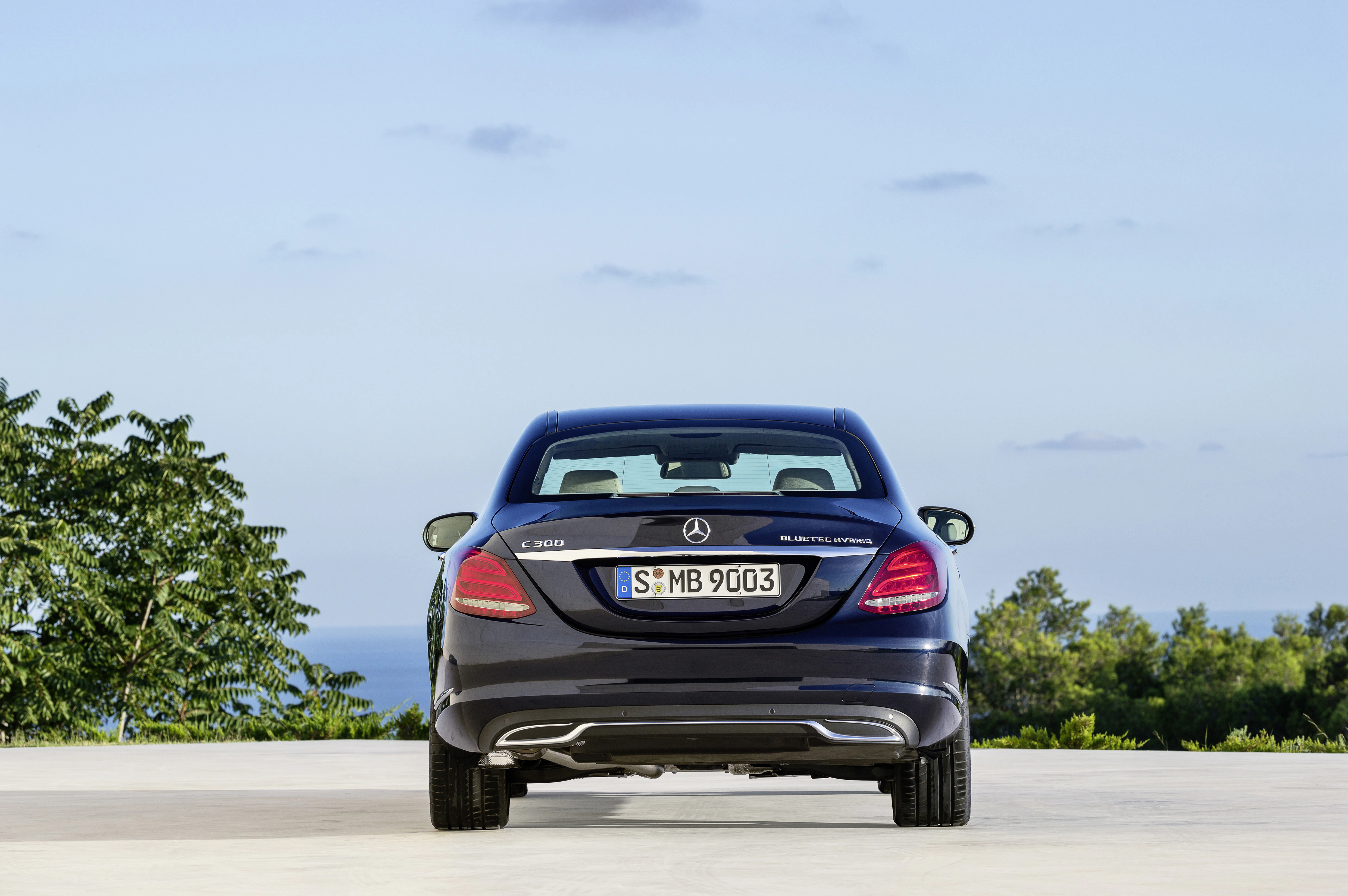 Rückansicht eines dunklen Mercedes-Benz C 300, geparkt auf einem offenen Platz mit Bäumen und blauem Himmel im Hintergrund.
