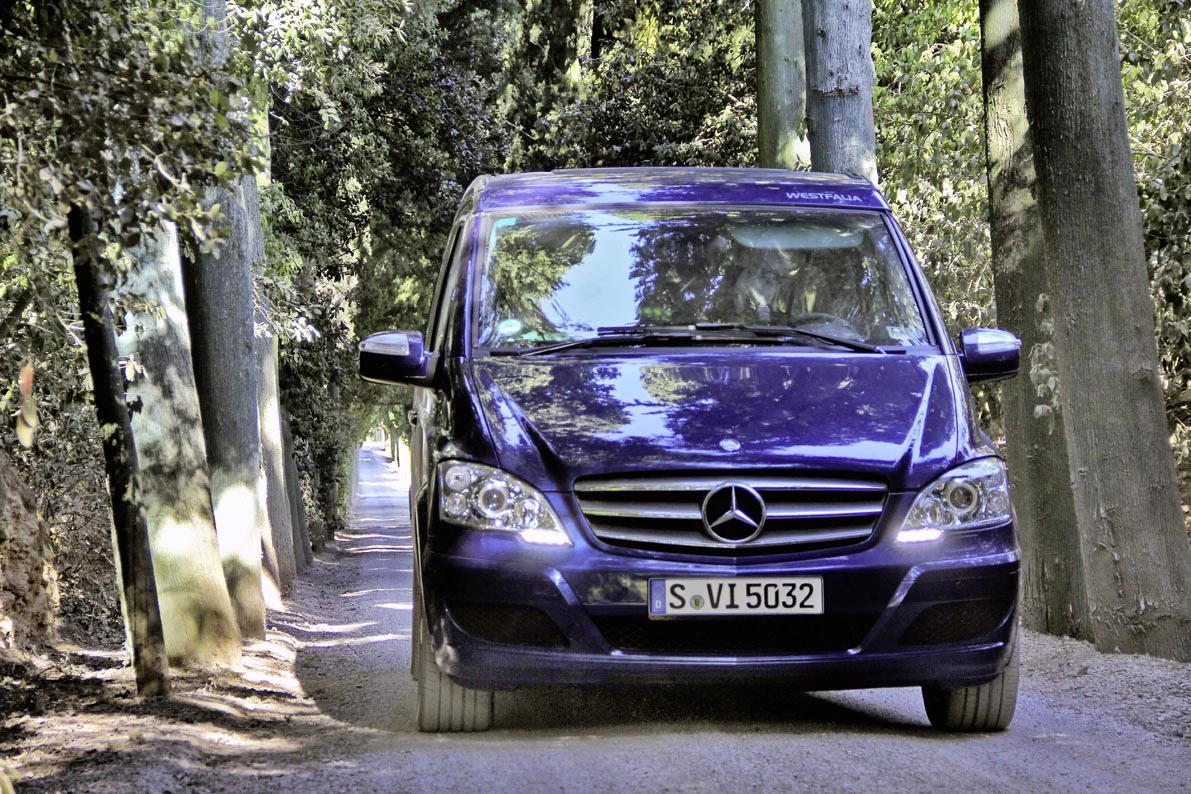 Blauer Mercedes-Van auf einem schmalen, von Bäumen gesäumten Weg in einem ländlichen Waldgebiet.