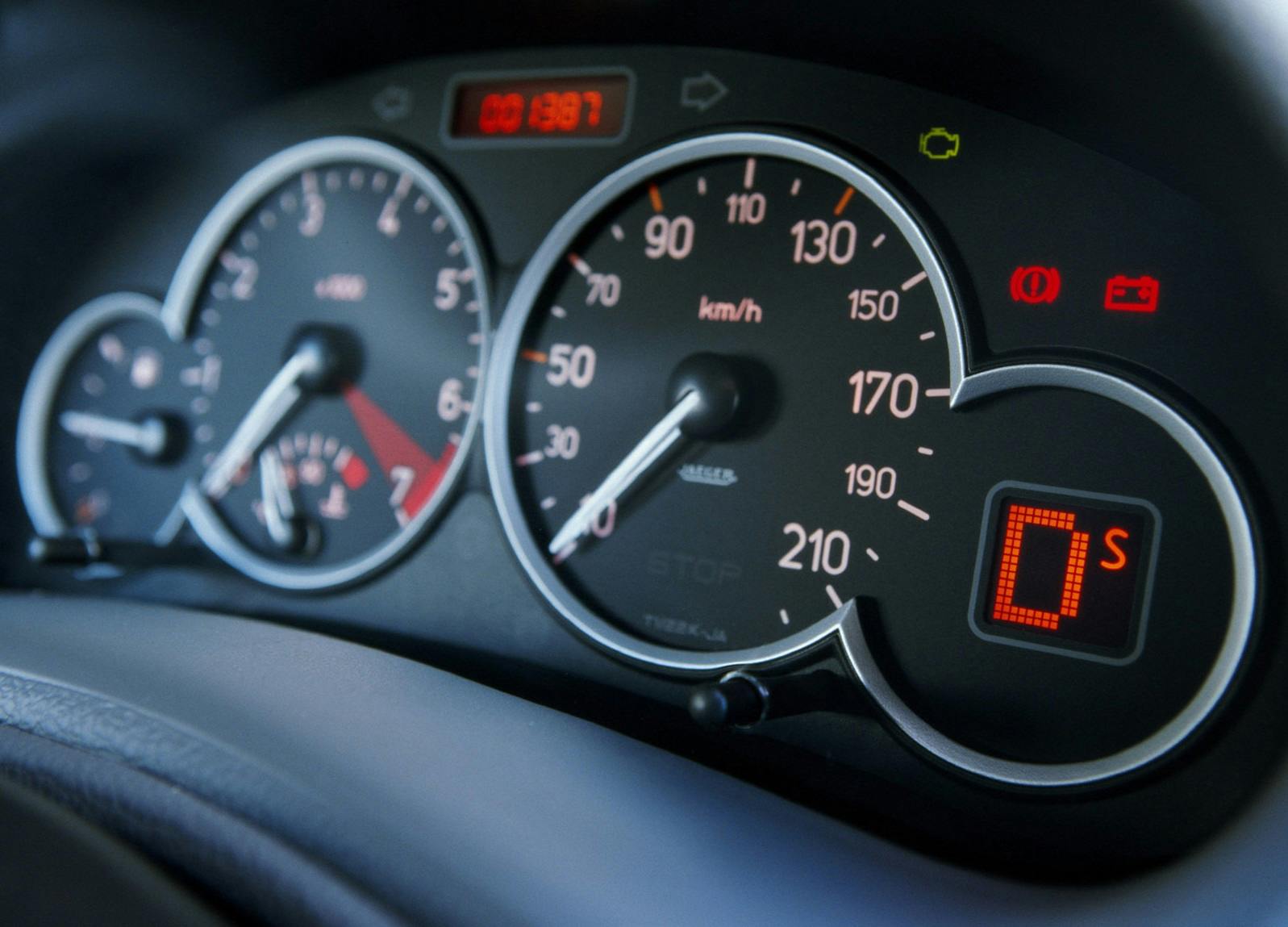 Nahaufnahme eines Autotachos mit einer Geschwindigkeit von 0 km/h. Verschiedene Warnleuchten sind aktiviert. Der Kilometerstand zeigt 1387.