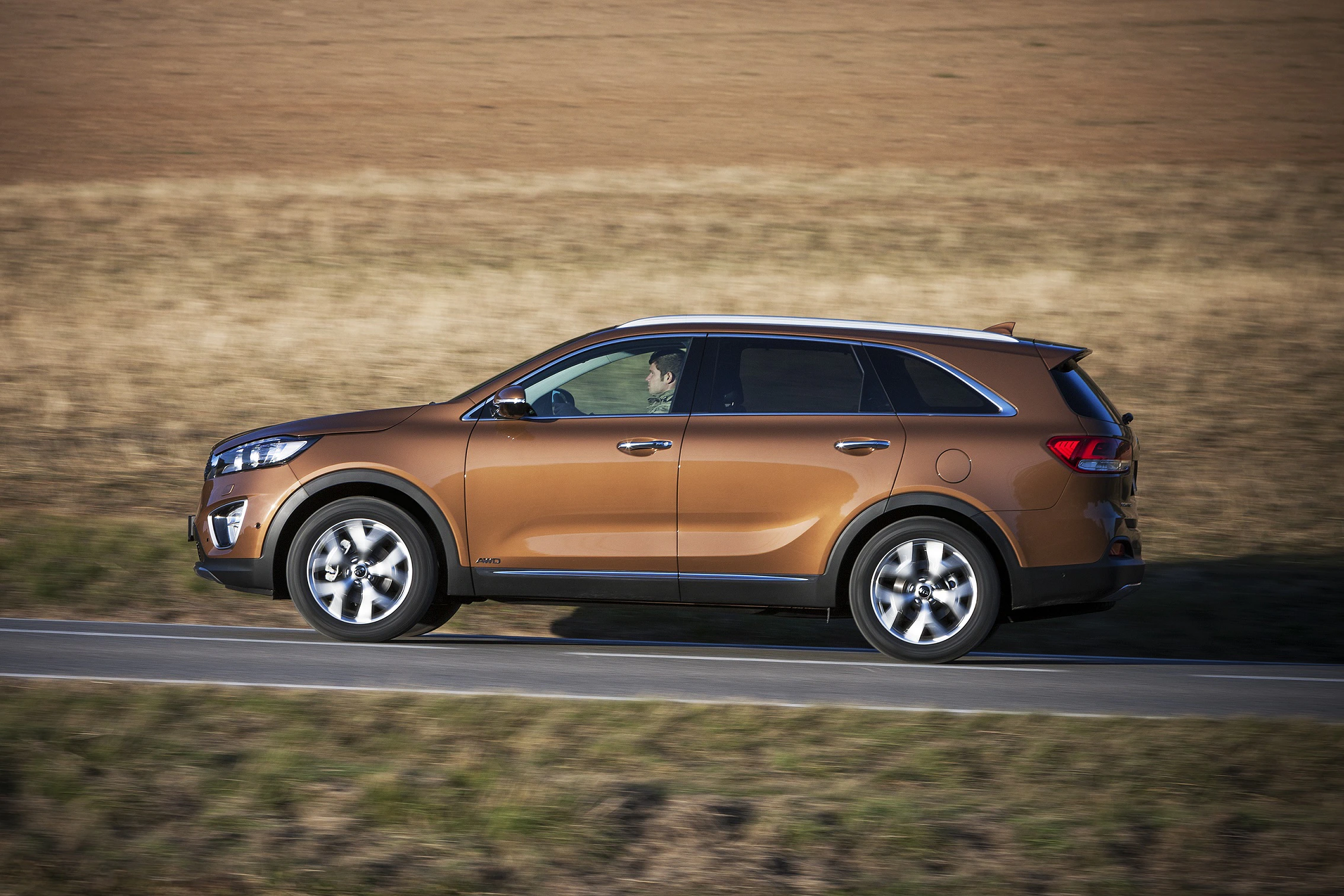 Ein braunes SUV fährt auf einer Landstraße durch eine trockene, grasbewachsene Landschaft.