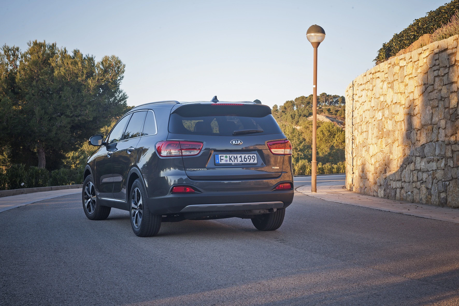 SUV auf einer sonnigen Straße, umgeben von Bäumen und einer Steinmauer im Hintergrund. Lizenzschild sichtbar, keine Personen im Auto.