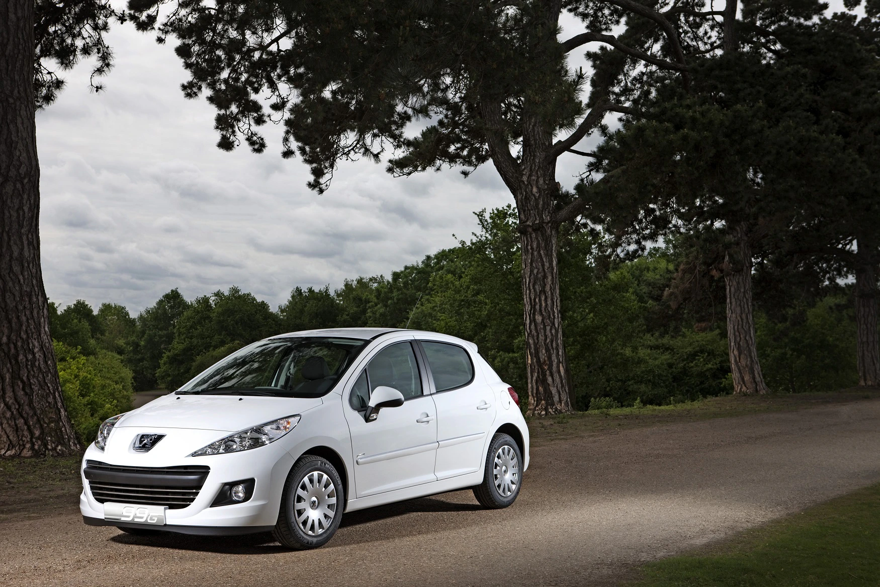 Weißer Peugeot 207 parkt auf einem Weg in einem bewaldeten Gebiet unter grauem Himmel, umgeben von hohen Bäumen.